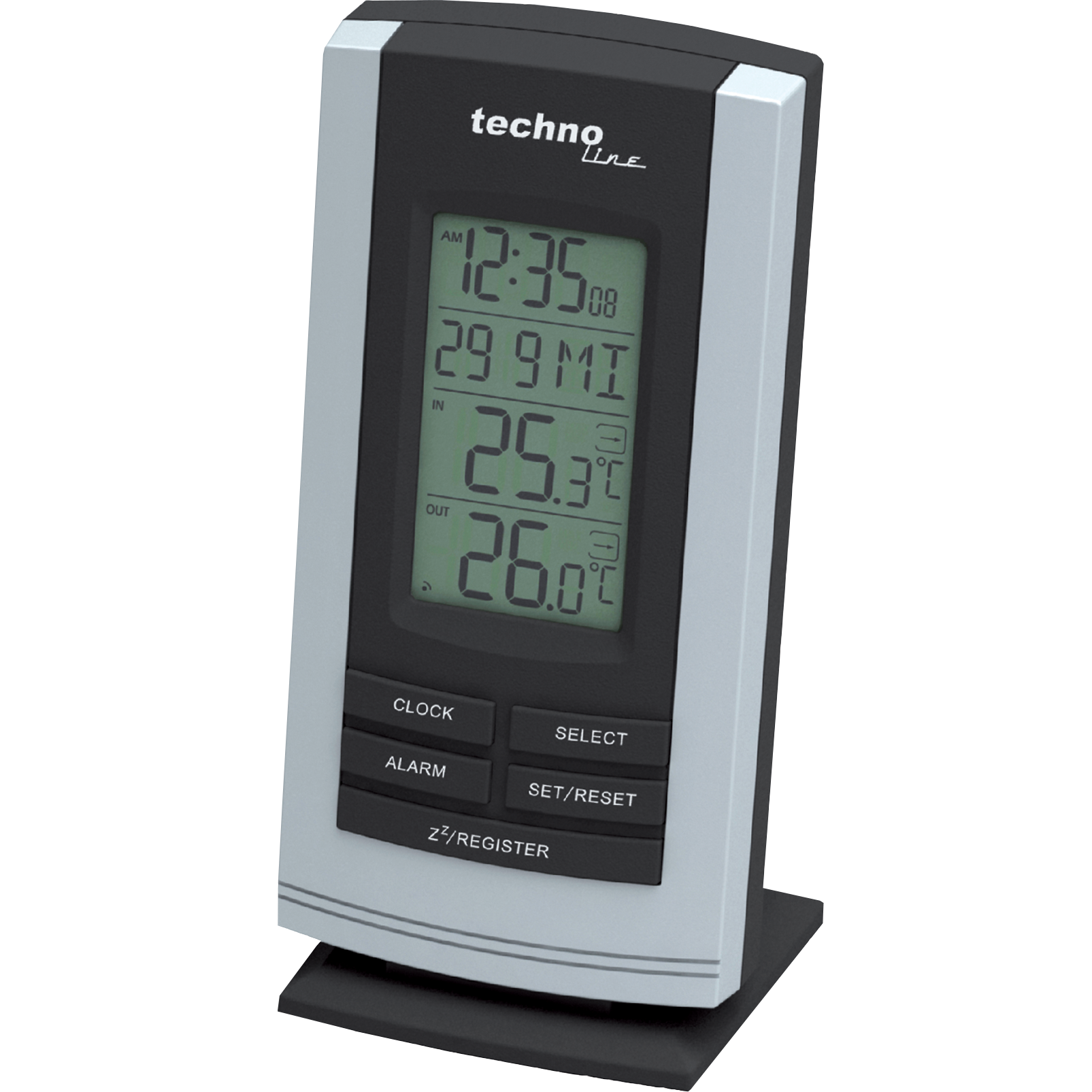 Czarny i srebrny zegar cyfrowy z wyświetlaczem pokazującym godzinę, datę i temperaturę.