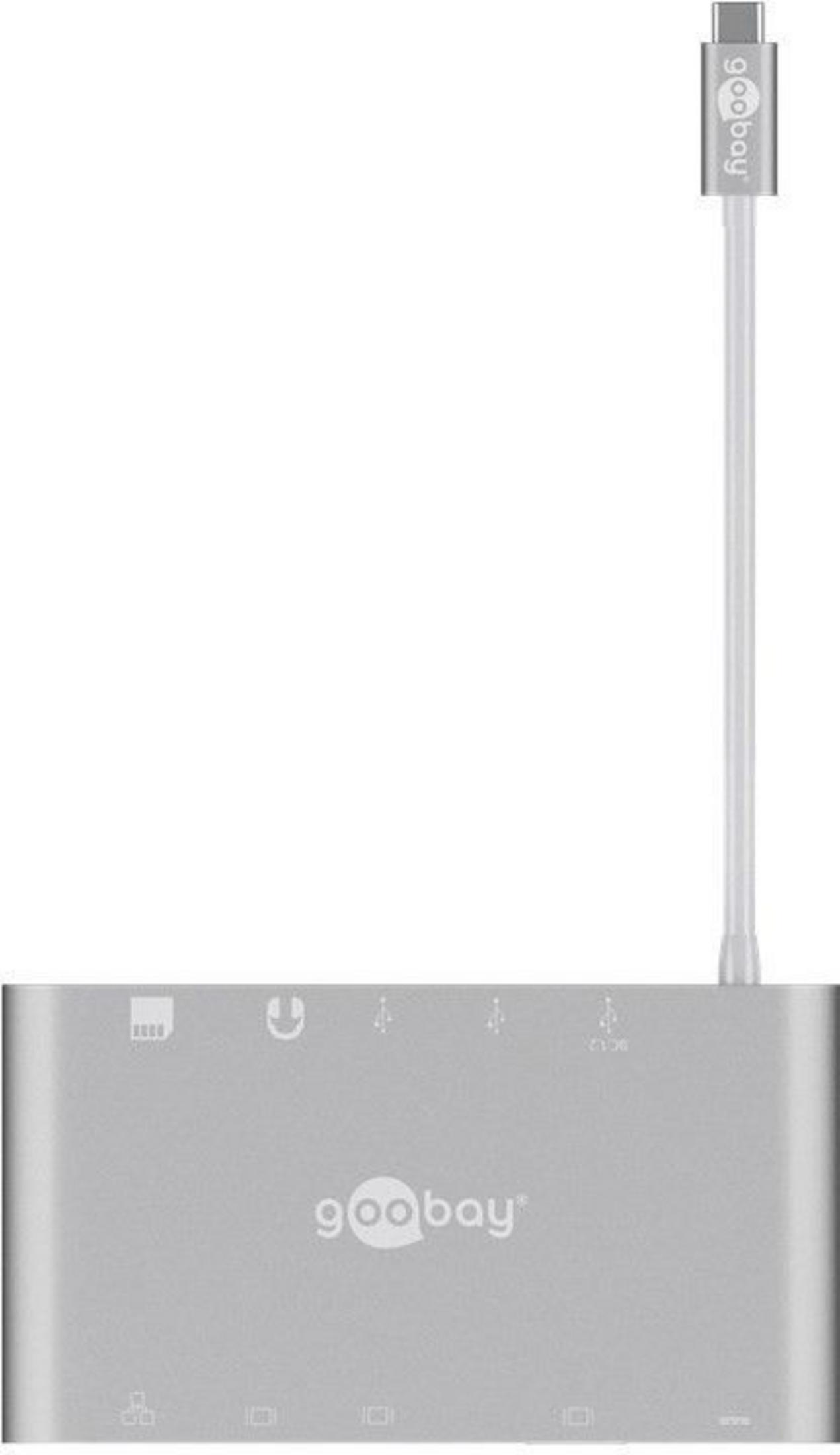 Ein silberner USB-C-Hub mit Anschlüssen und angeschlossenem Kabel.