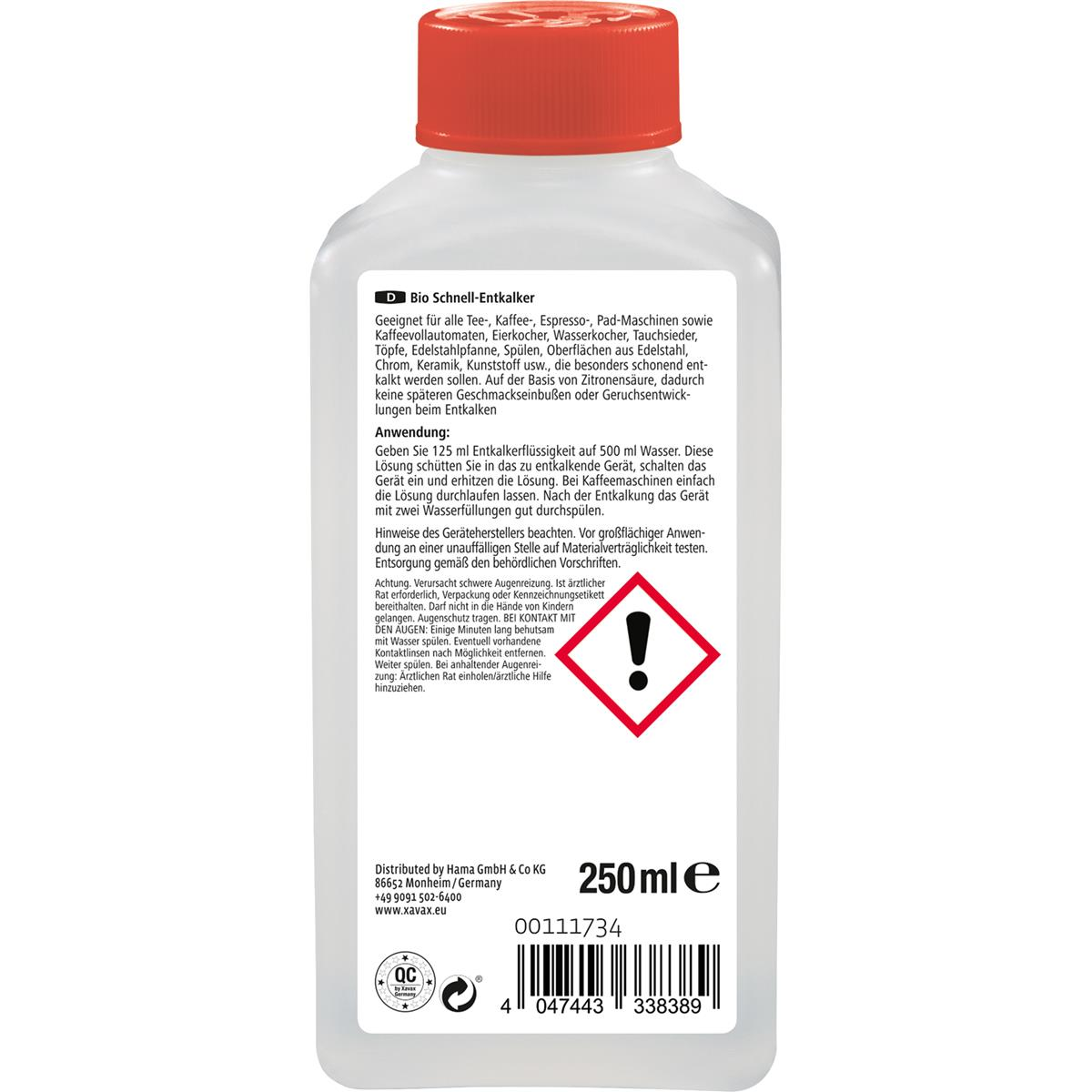 Flasche Entkalkungslösung mit rotem Deckel, Warnsymbol und Text auf Deutsch.