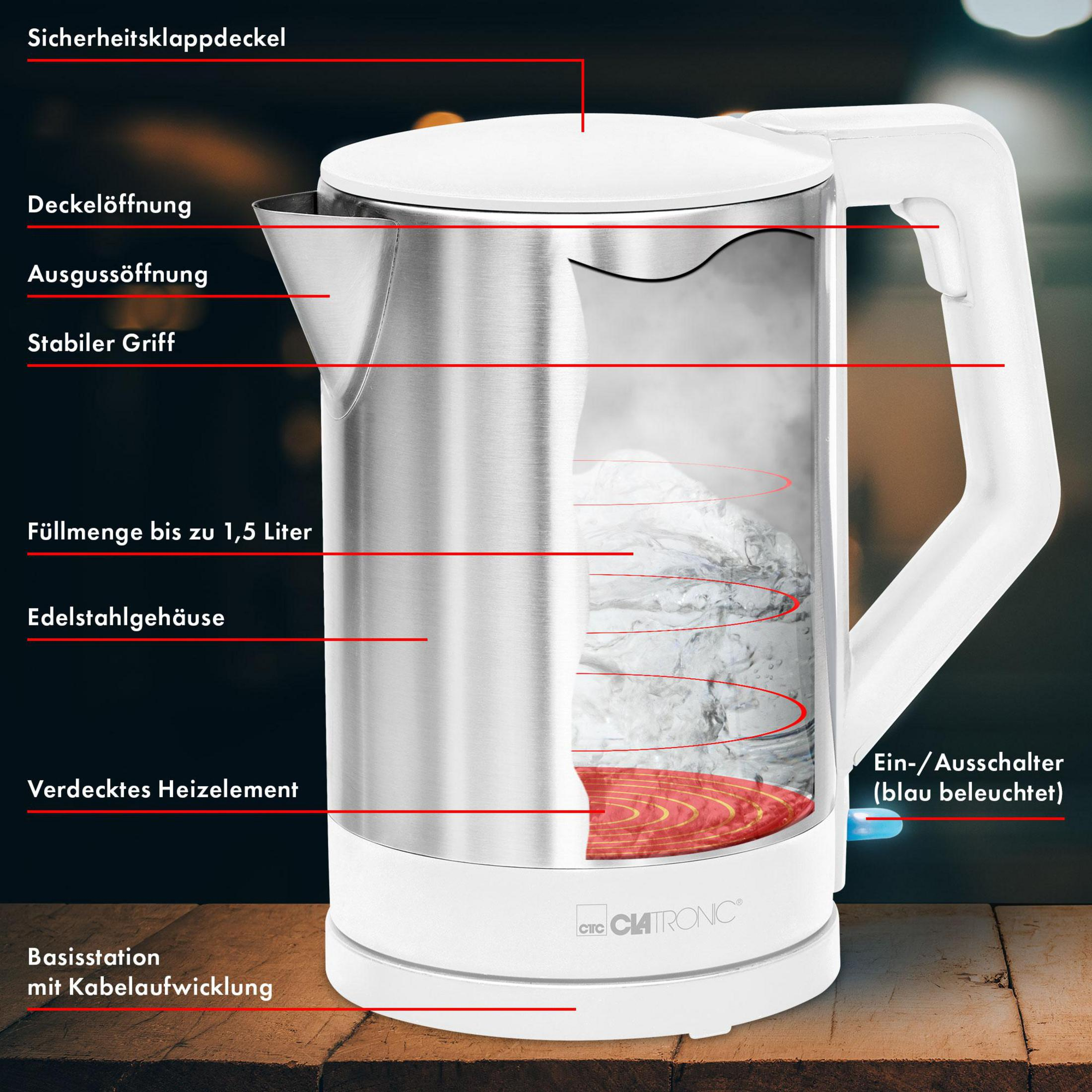 Biały czajnik elektryczny z widoczną wodą i etykietami w języku niemieckim.