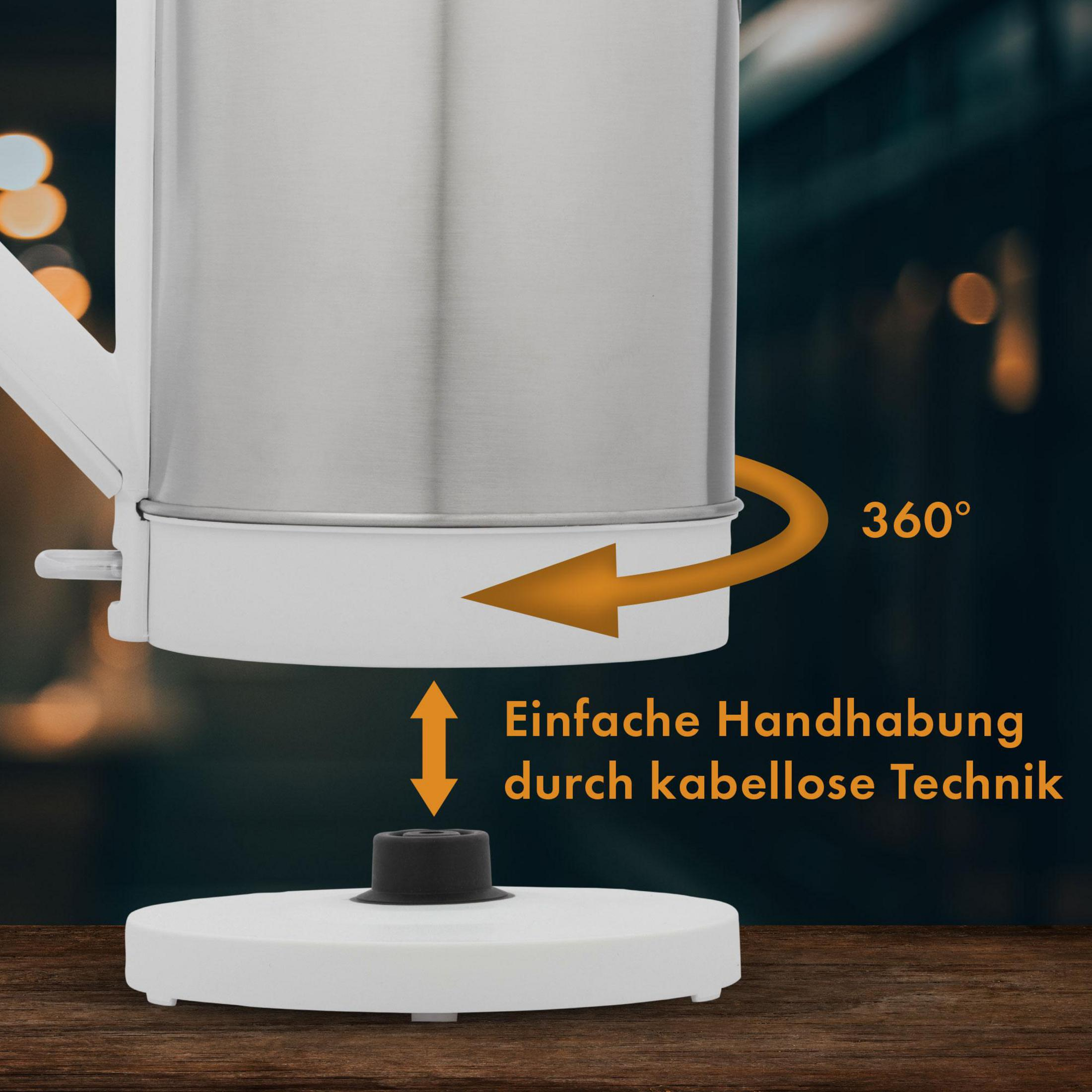 Czajnik elektryczny na białej podstawie. Strzałka i tekst wskazują 360° i łatwą obsługę. Ciemne tło.