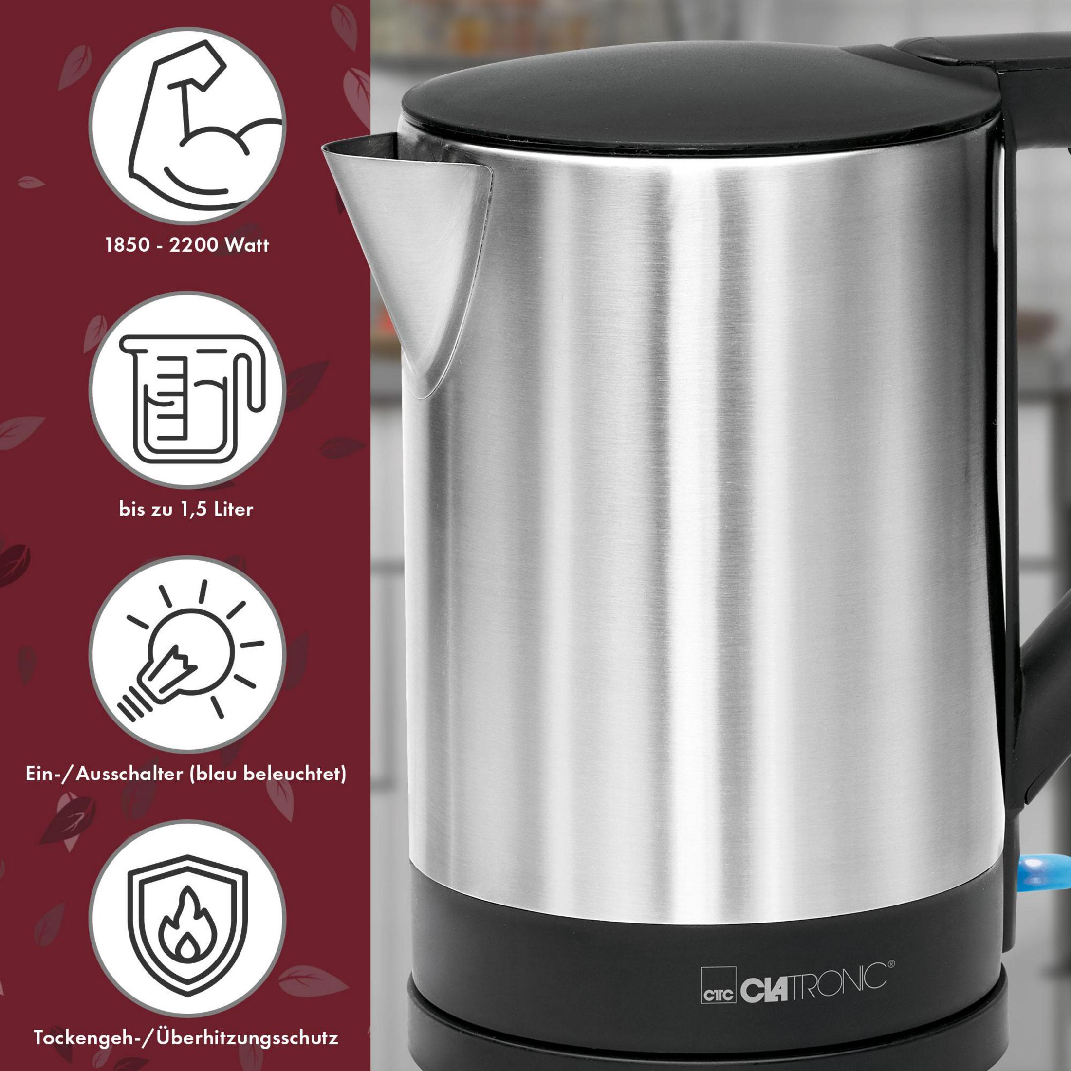 Czajnik elektryczny ze stali nierdzewnej z czarną podstawą, ikonami i etykietami tekstowymi.