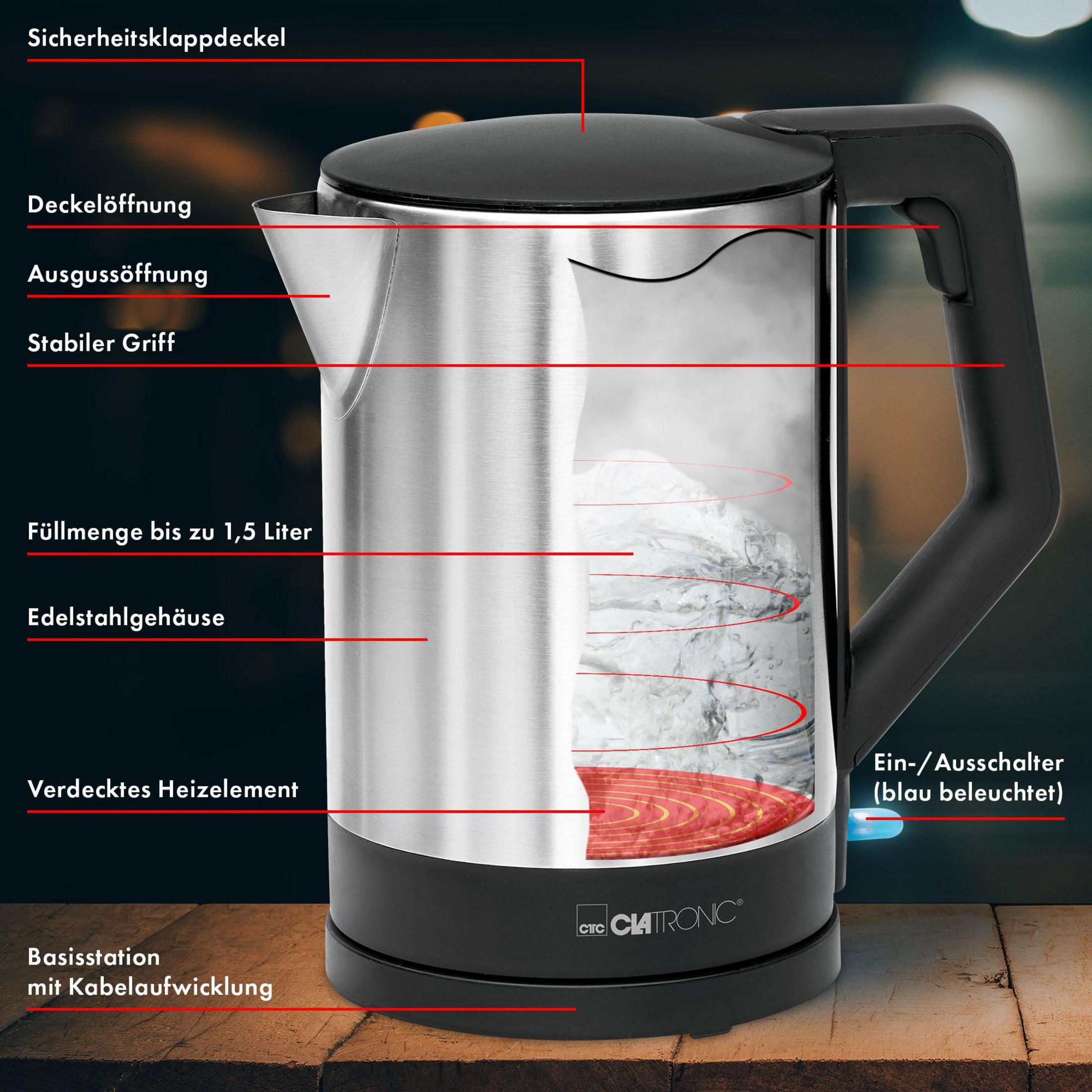 Czajnik elektryczny z etykietami. Obudowa ze stali nierdzewnej, czarna pokrywa i uchwyt. Widoczna woda w środku.