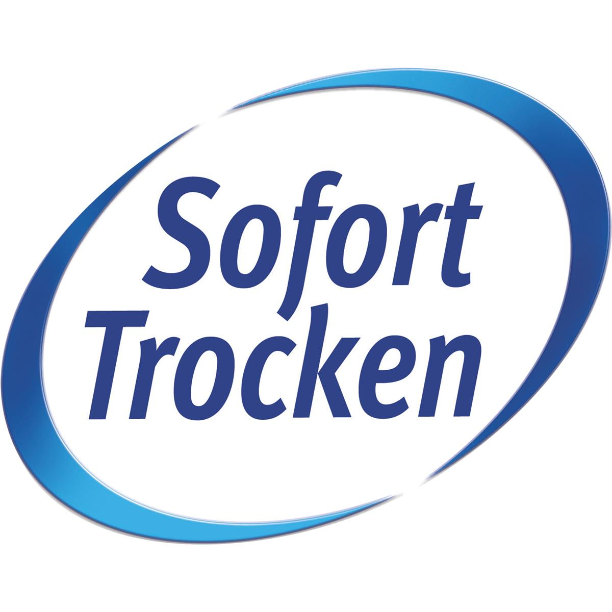 Blaues Oval mit den weißen deutschen Wörtern 'Sofort Trocken', was 'Sofort trocken' bedeutet.