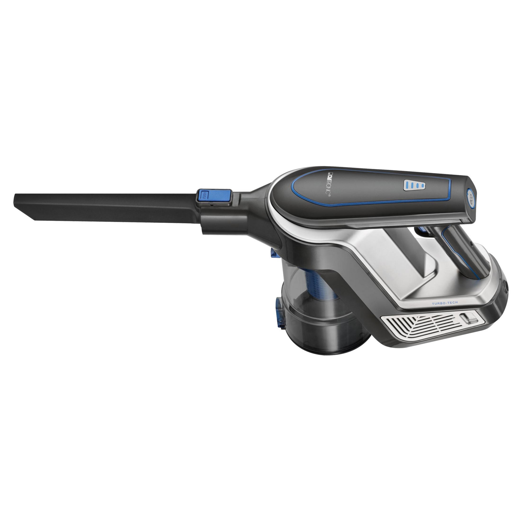 Odkurzacz ręczny. Jest szary i czarny, z niebieskimi akcentami. Głowica jest czarna.