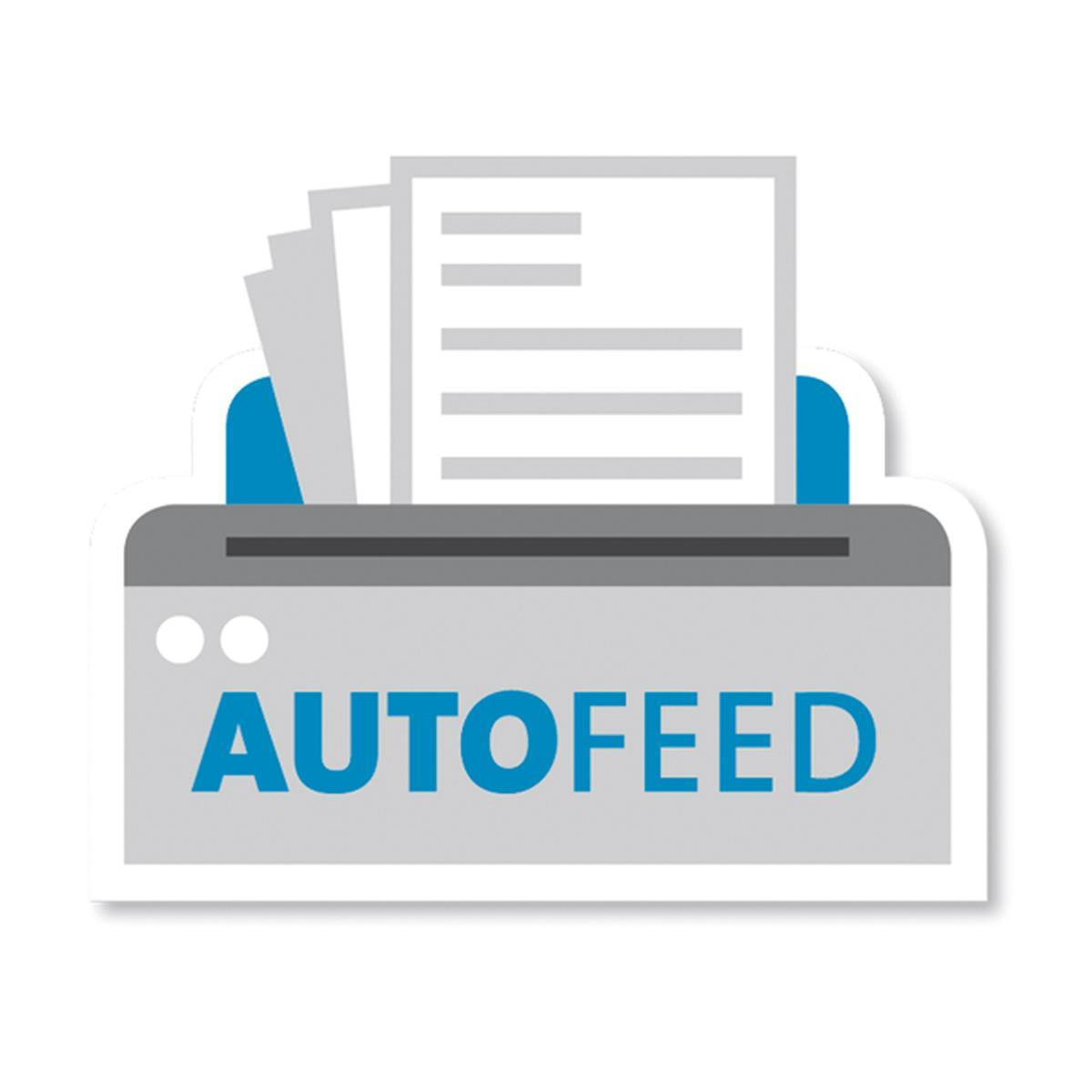 Un adesivo bianco con la scritta 'AUTOFEED' in blu, sopra il profilo di una stampante.