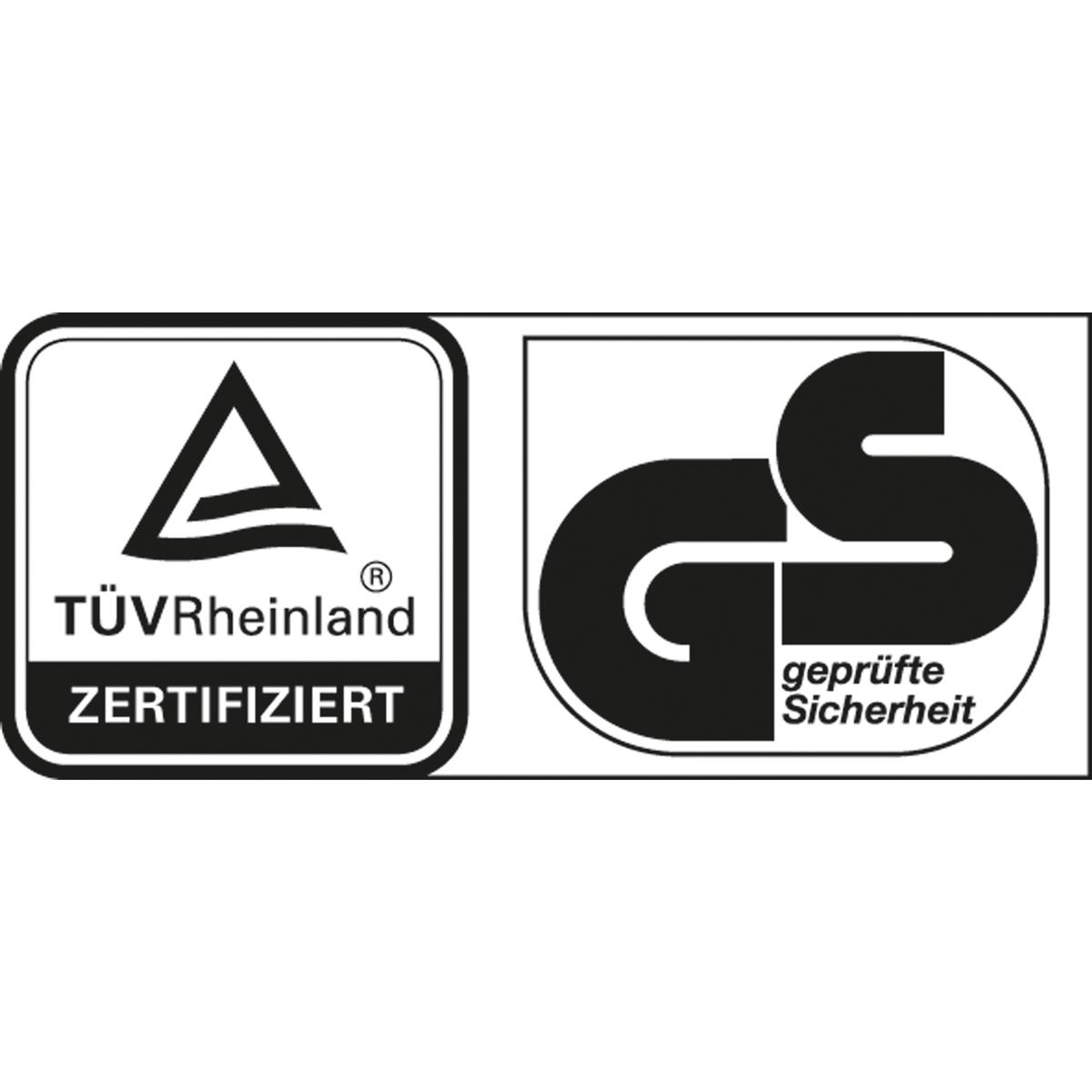 Loghi di TÜV Rheinland e GS, che indicano la certificazione di sicurezza.