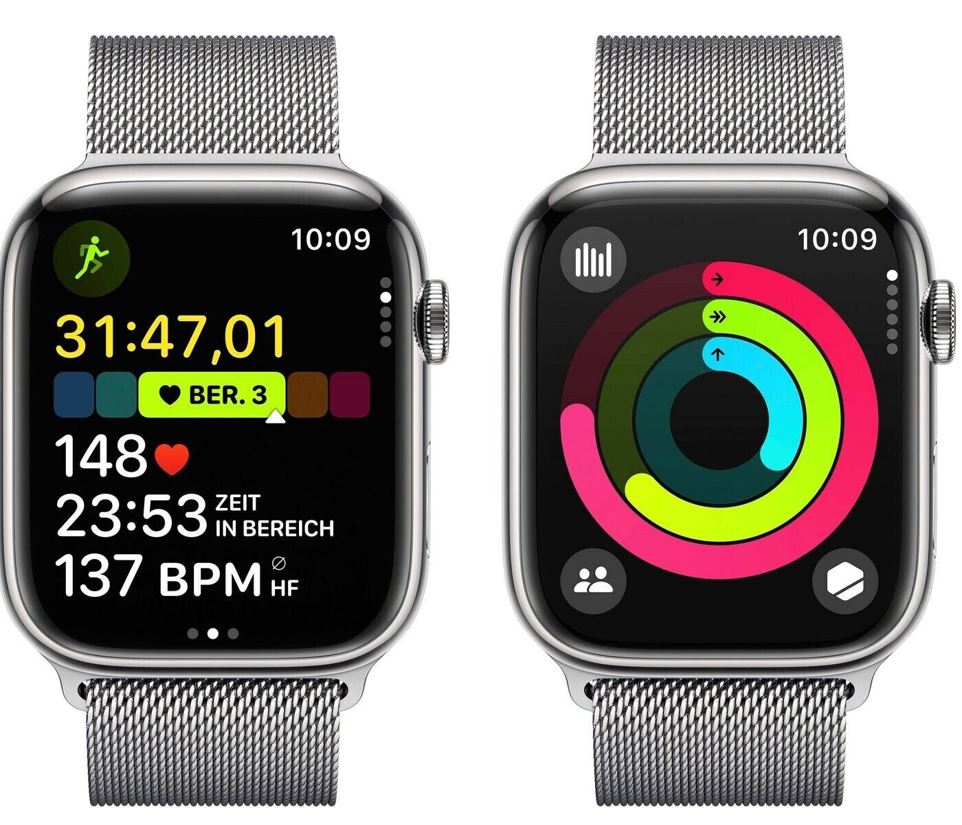 Dwa smartwatche wyświetlające wskaźniki zdrowotne: tętno, pierścienie aktywności i czas.