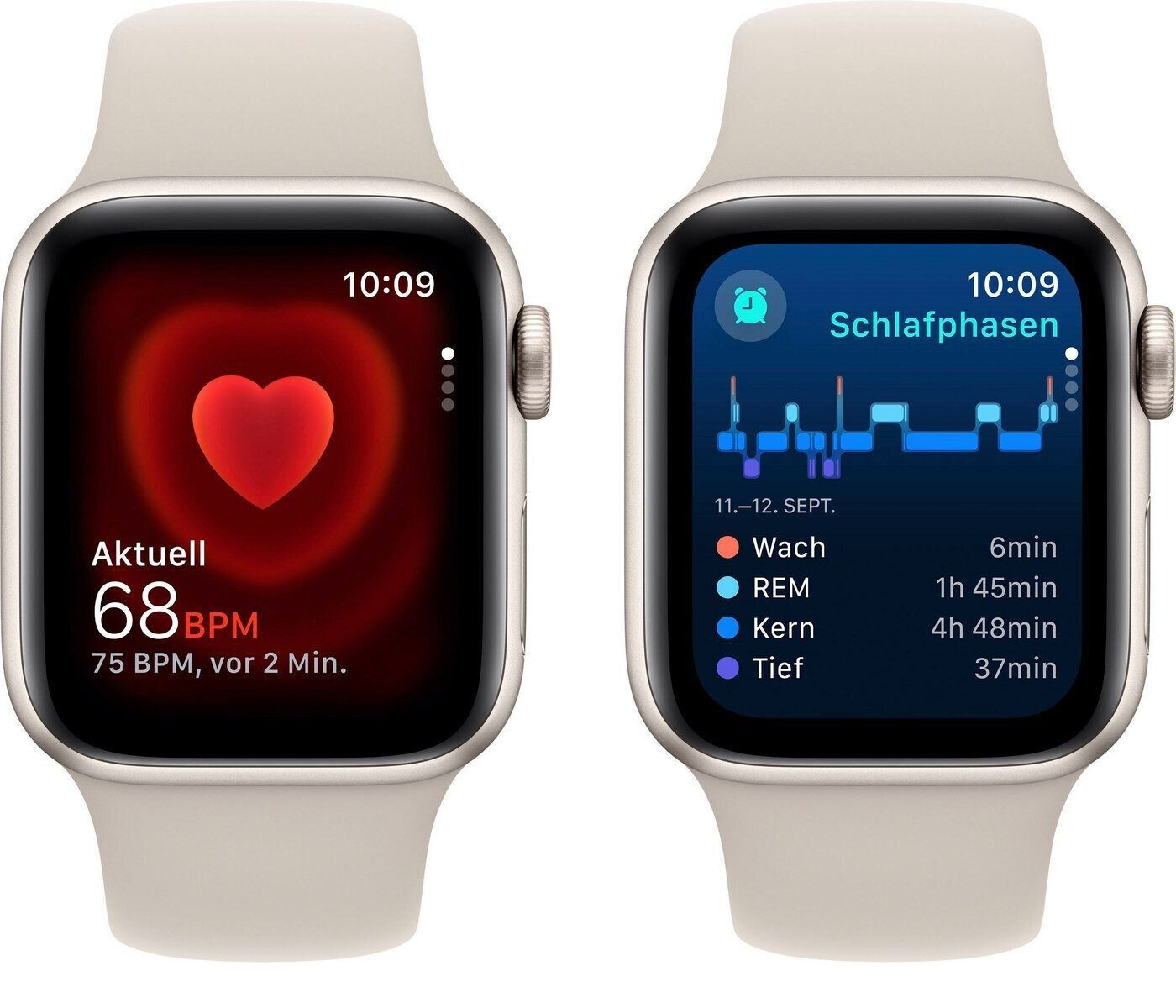 Zwei Smartwatches, die Gesundheitsdaten anzeigen. Eine zeigt die Herzfrequenz, die andere Schlafphasen.