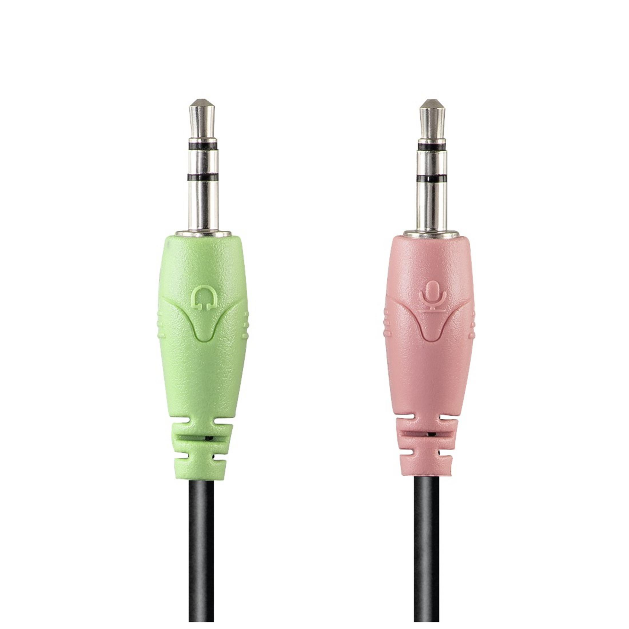 Dwa gniazda audio, zielone i różowe, z czarnymi kablami na białym tle.