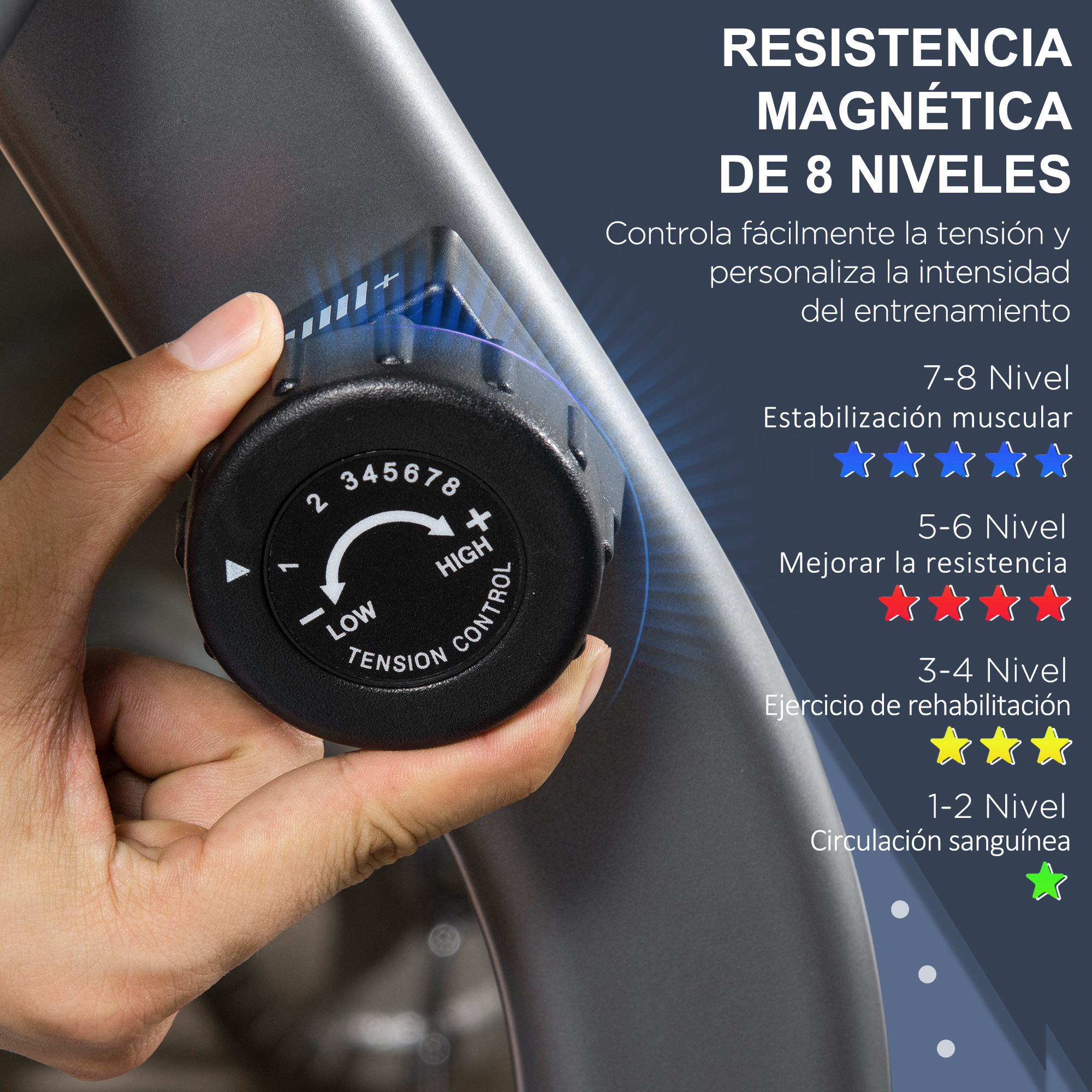 Mano ajustando el dial de resistencia en una máquina negra con una tabla detallada.