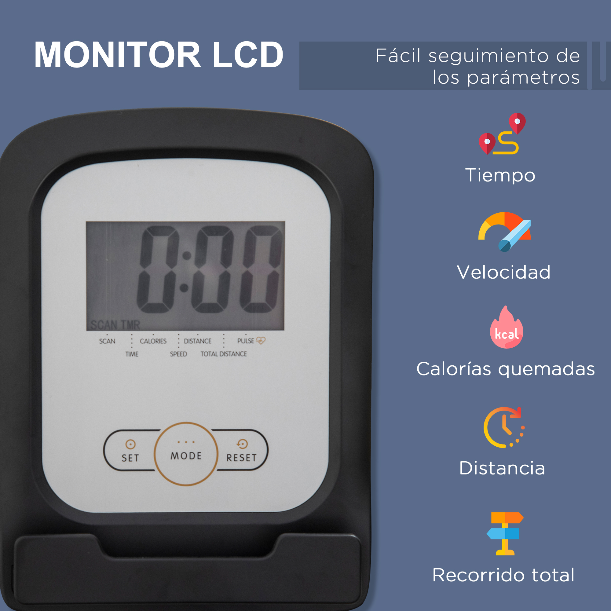 Monitor de fitness negro mostrando una pantalla digital. Iconos de tiempo, velocidad y calorías.