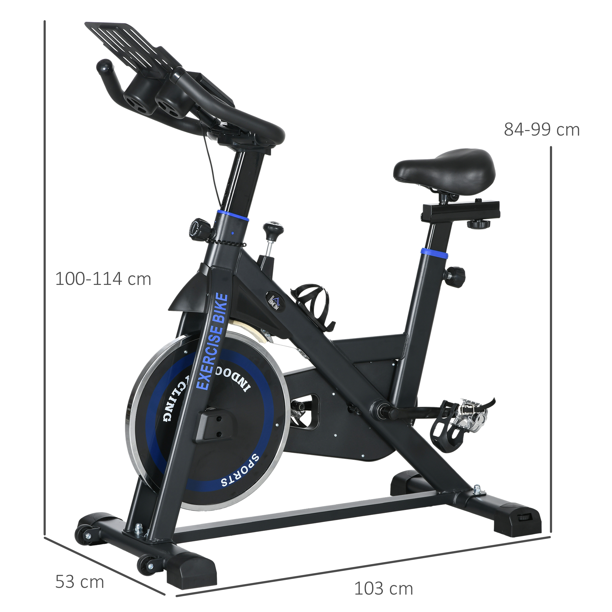Bicicleta estática negra con detalles azules. Se muestran las dimensiones.