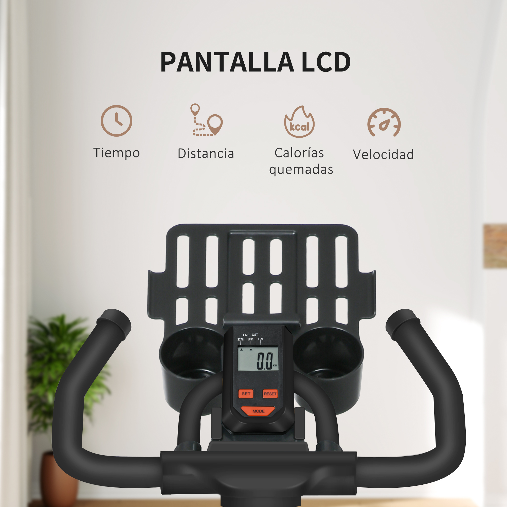 La pantalla LCD de una bicicleta estática muestra tiempo, distancia, calorías y velocidad.