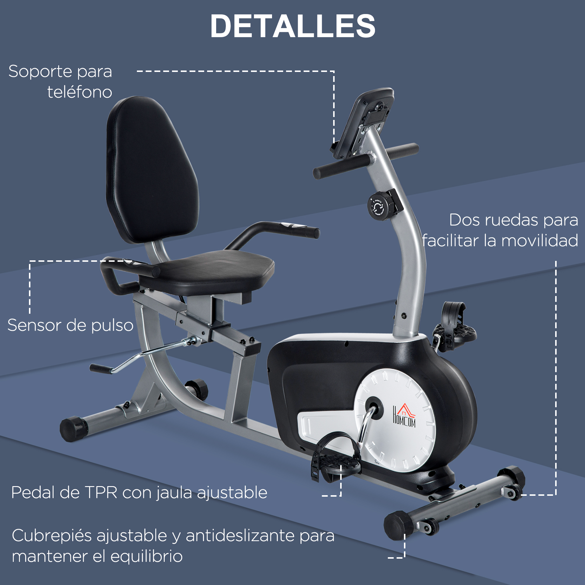 Bicicleta estática reclinada con etiquetas. Muestra asiento, sensor de pulso y ruedas.