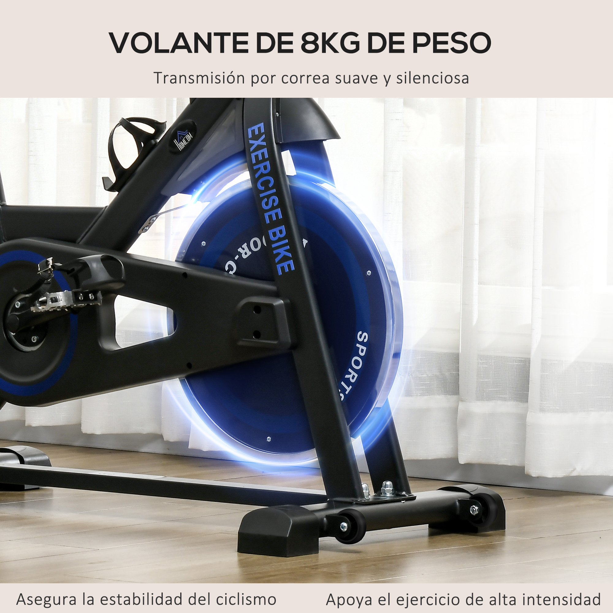 Una bicicleta estática con una rueda azul y una base negra. La foto muestra un primer plano.