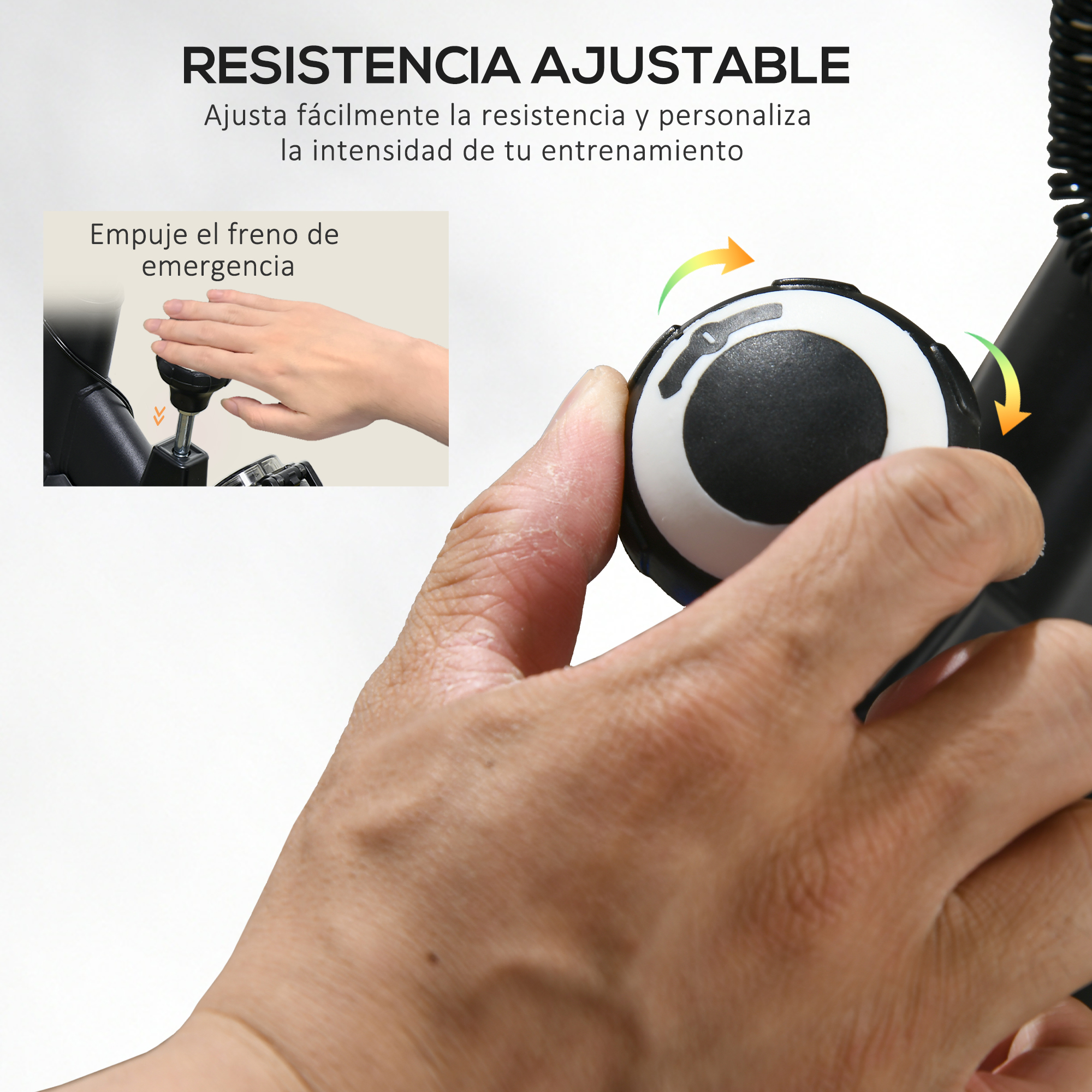 Perilla de resistencia ajustable en equipos de ejercicio. Mano girando. Fondo blanco.