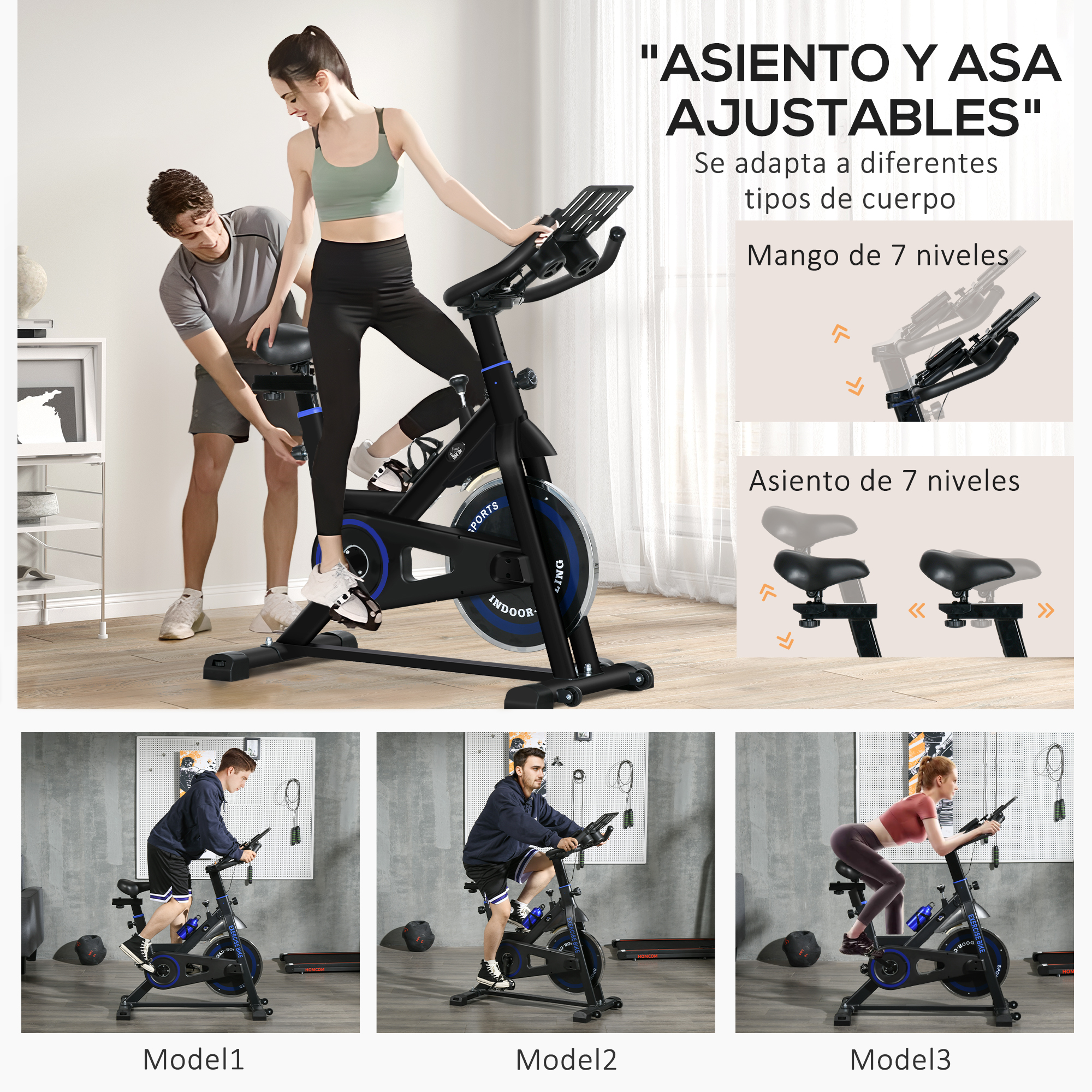Personas usando una bicicleta estática. Hay ilustraciones de posiciones ajustables de asiento y manija.