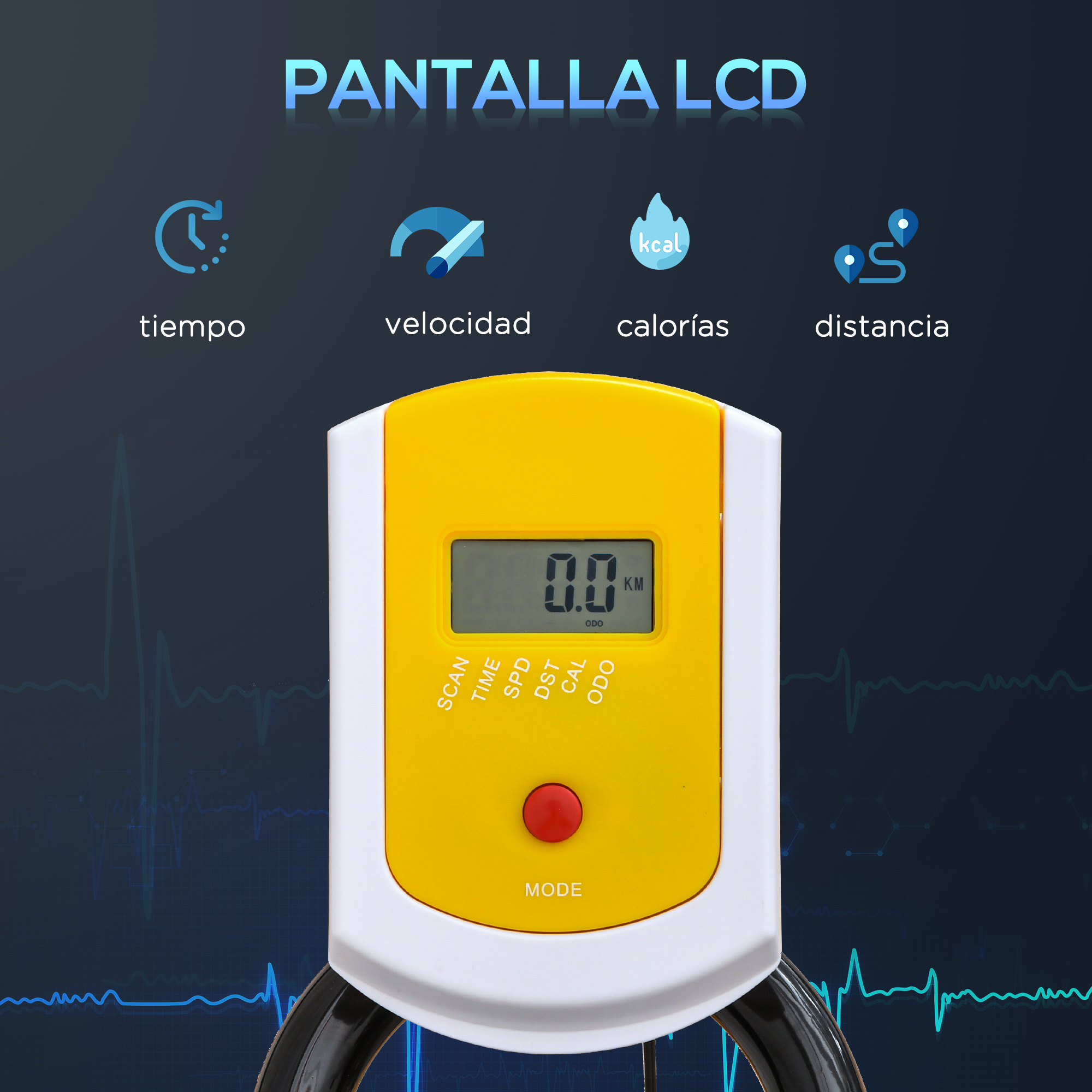Pantalla digital amarilla y blanca con botón rojo, mide tiempo, velocidad, calorías, distancia.