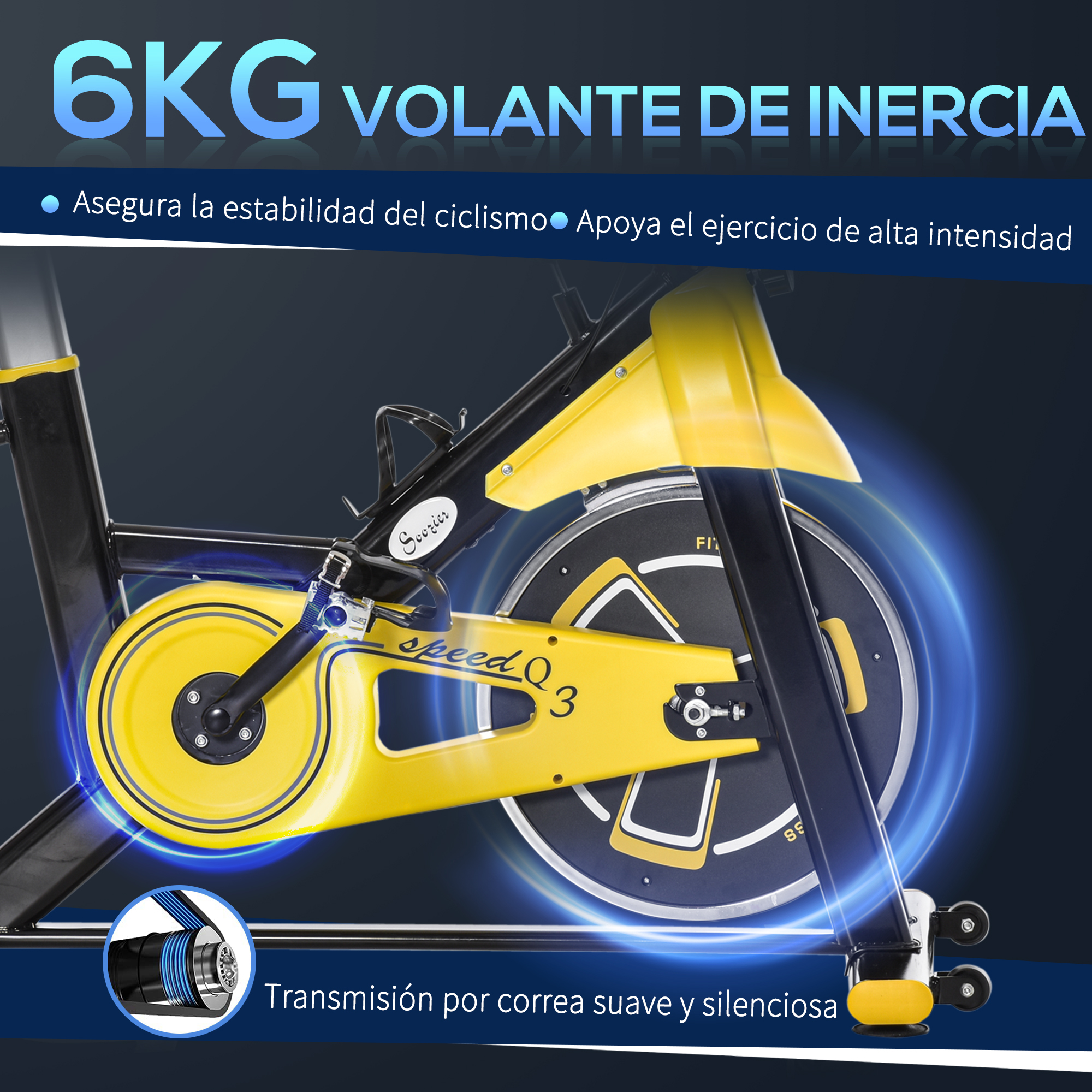 Bicicleta de ejercicio amarilla y negra con volante. Texto proporciona características clave.