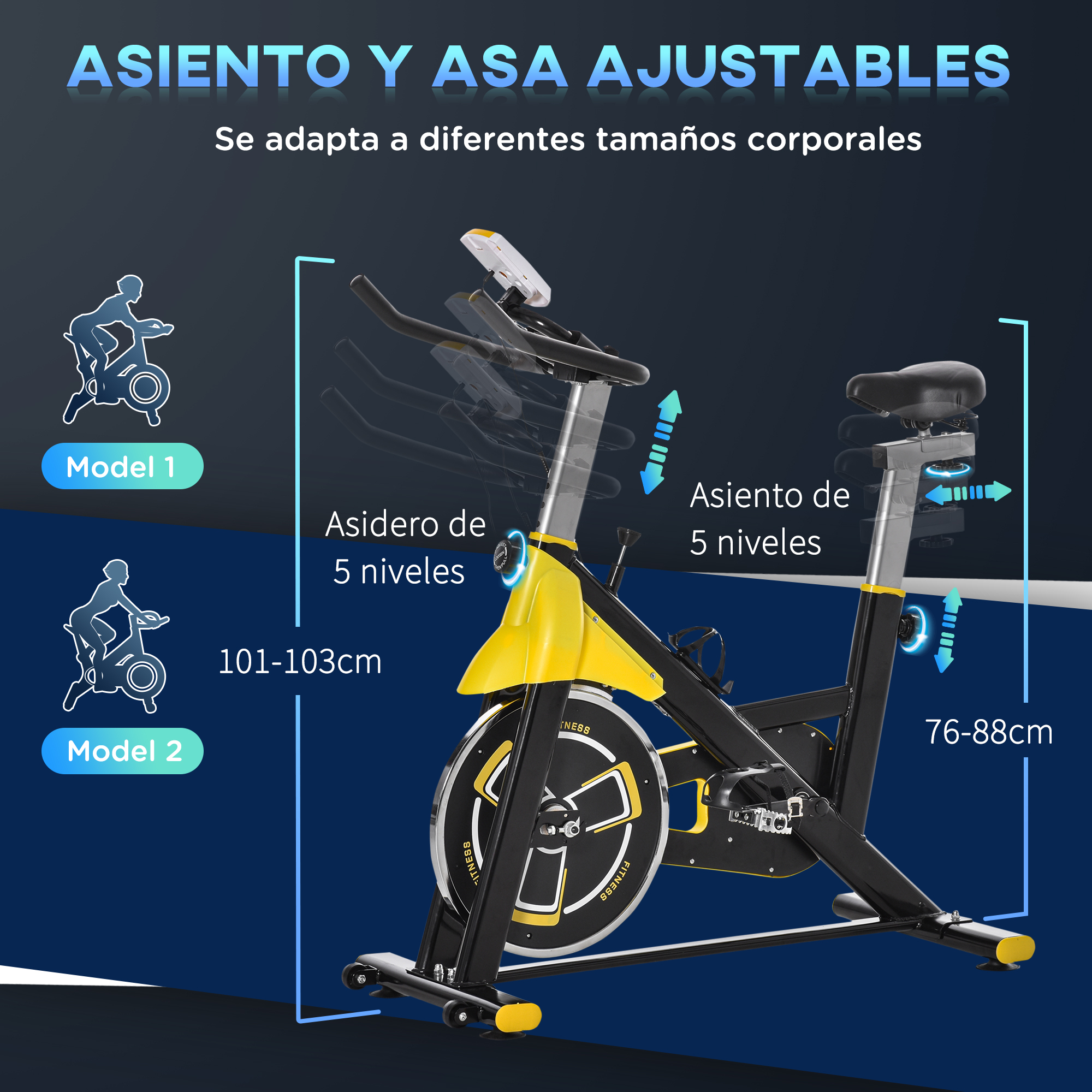 Bicicleta estática, con asiento y manillar ajustables, sobre fondo degradado azul.