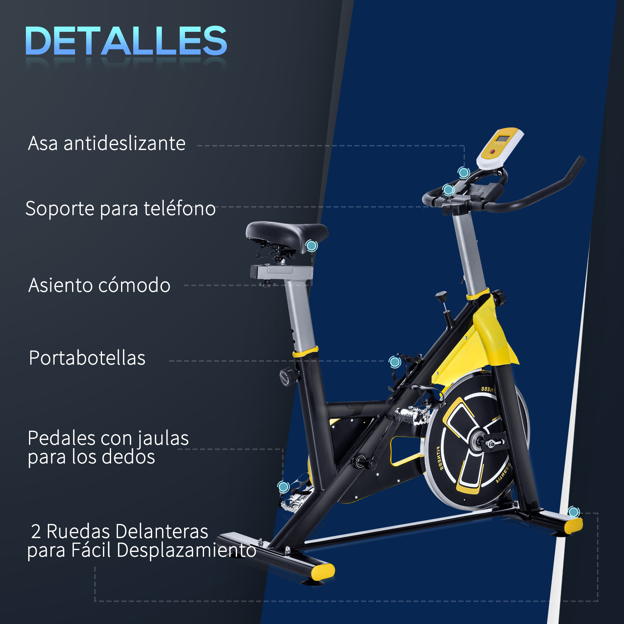 Bicicleta estática con detalles amarillos. Incluye agarre antideslizante, soporte para teléfono y botella.