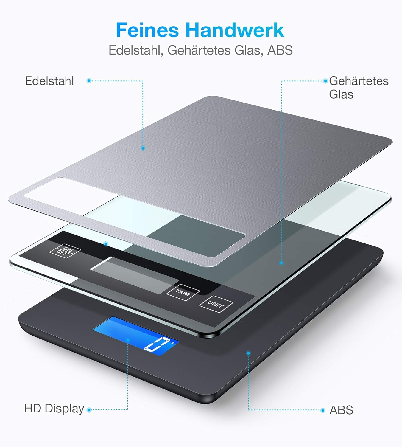Eine digitale Waage mit schwarzem Sockel, Edelstahlplatte und Glasschichten.