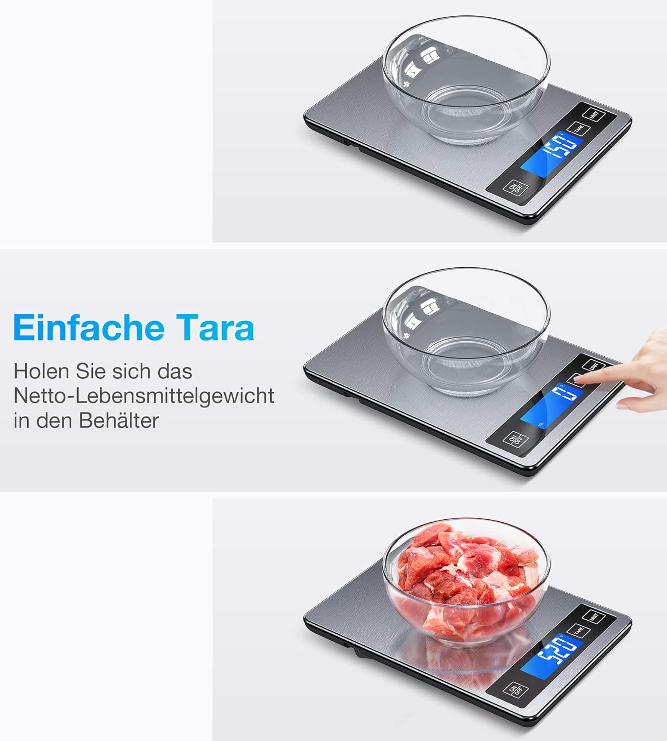 Eine digitale Waage mit einer Schüssel und Fleisch, das Gewicht in Gramm anzeigt.