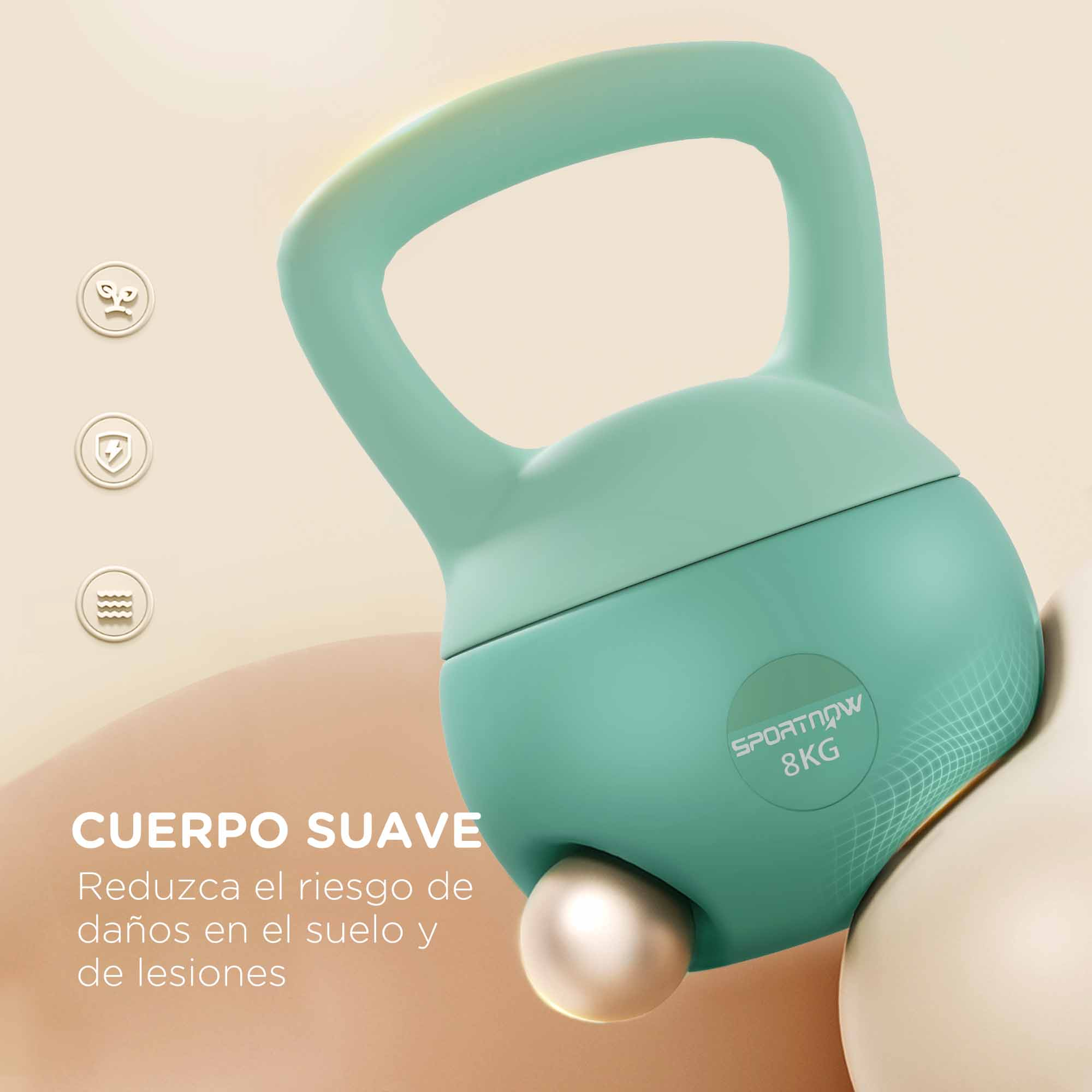 Una pesa rusa turquesa con bola plateada. Sportnow 8kg está impreso en ella.