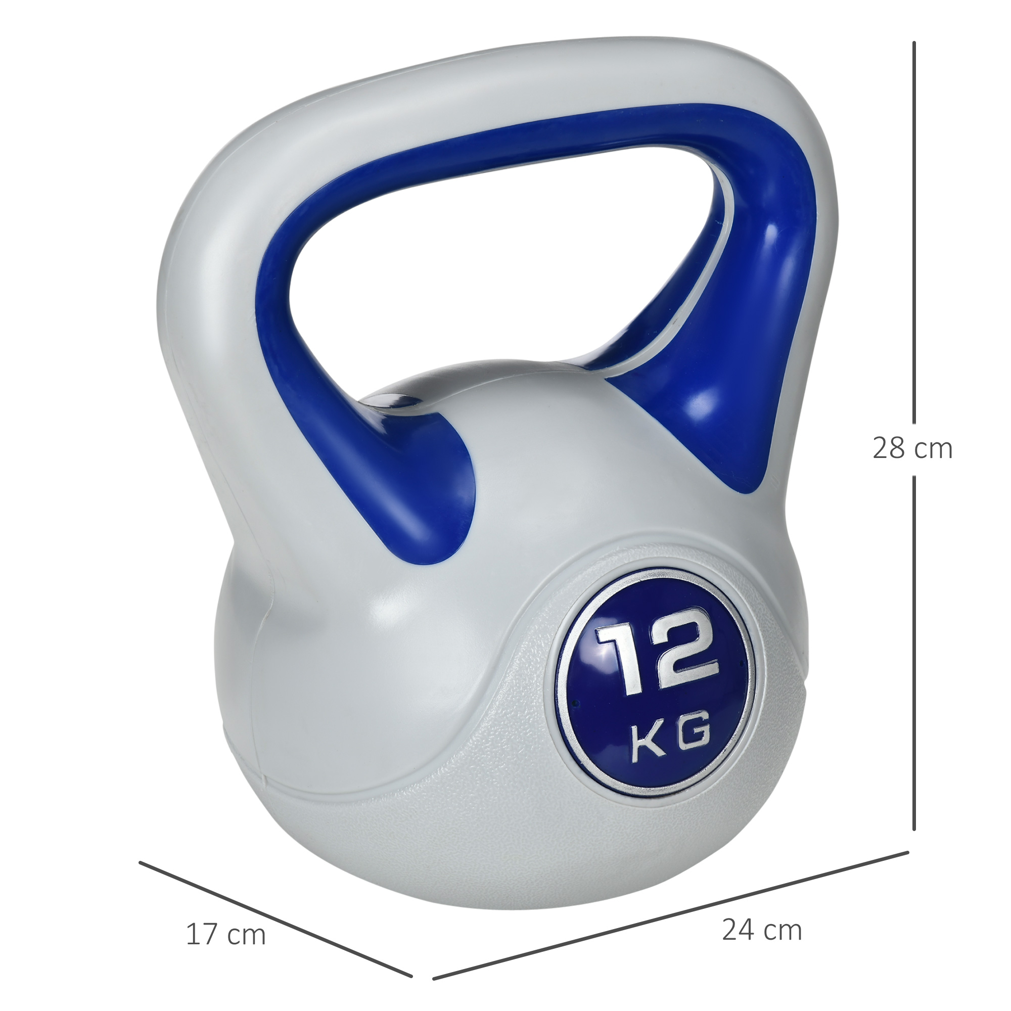 Eine grau-weiße Kettlebell mit blauen Akzenten. Sie hat ein 12 KG-Etikett.
