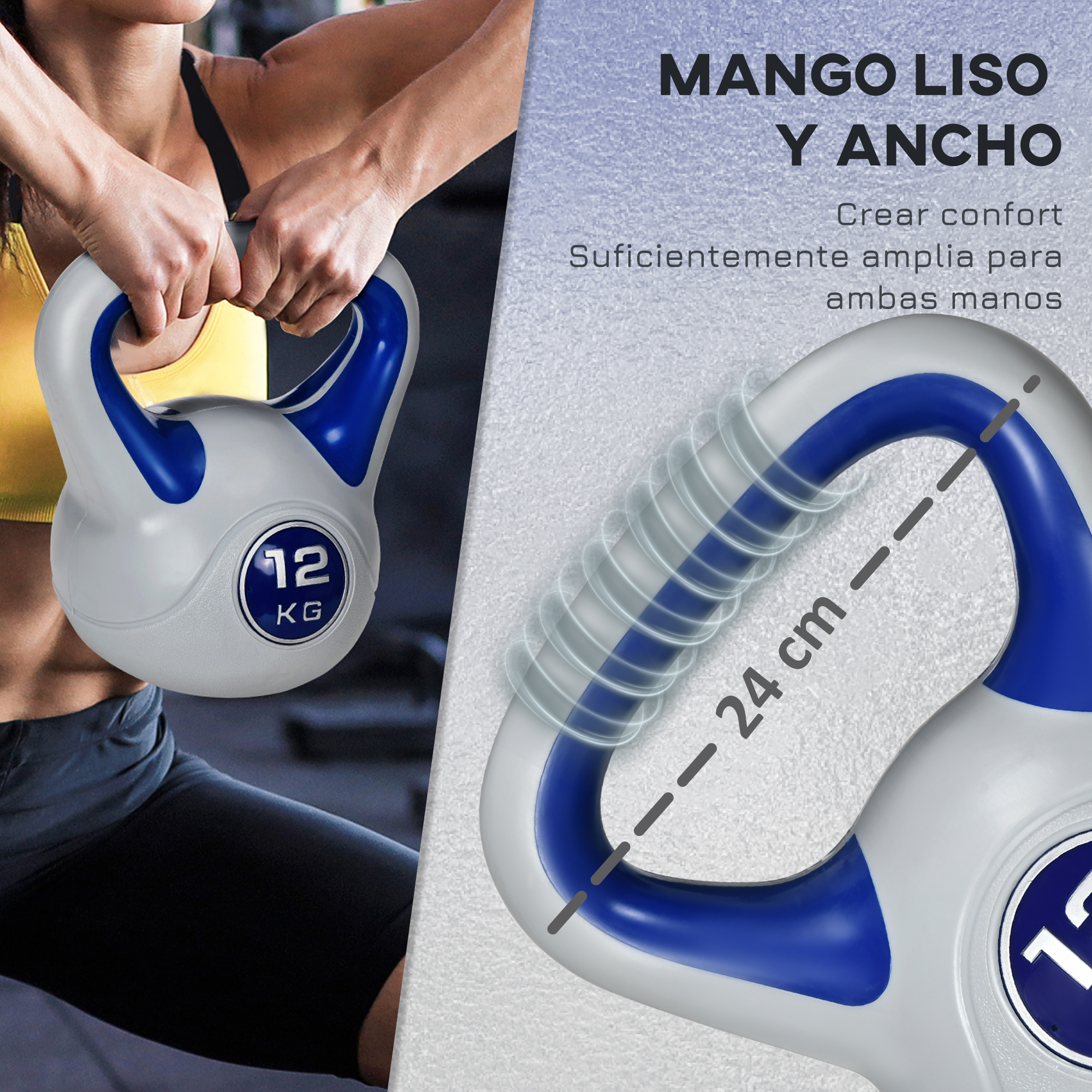Persona sosteniendo una pesa rusa blanca y azul, con texto descriptivo.