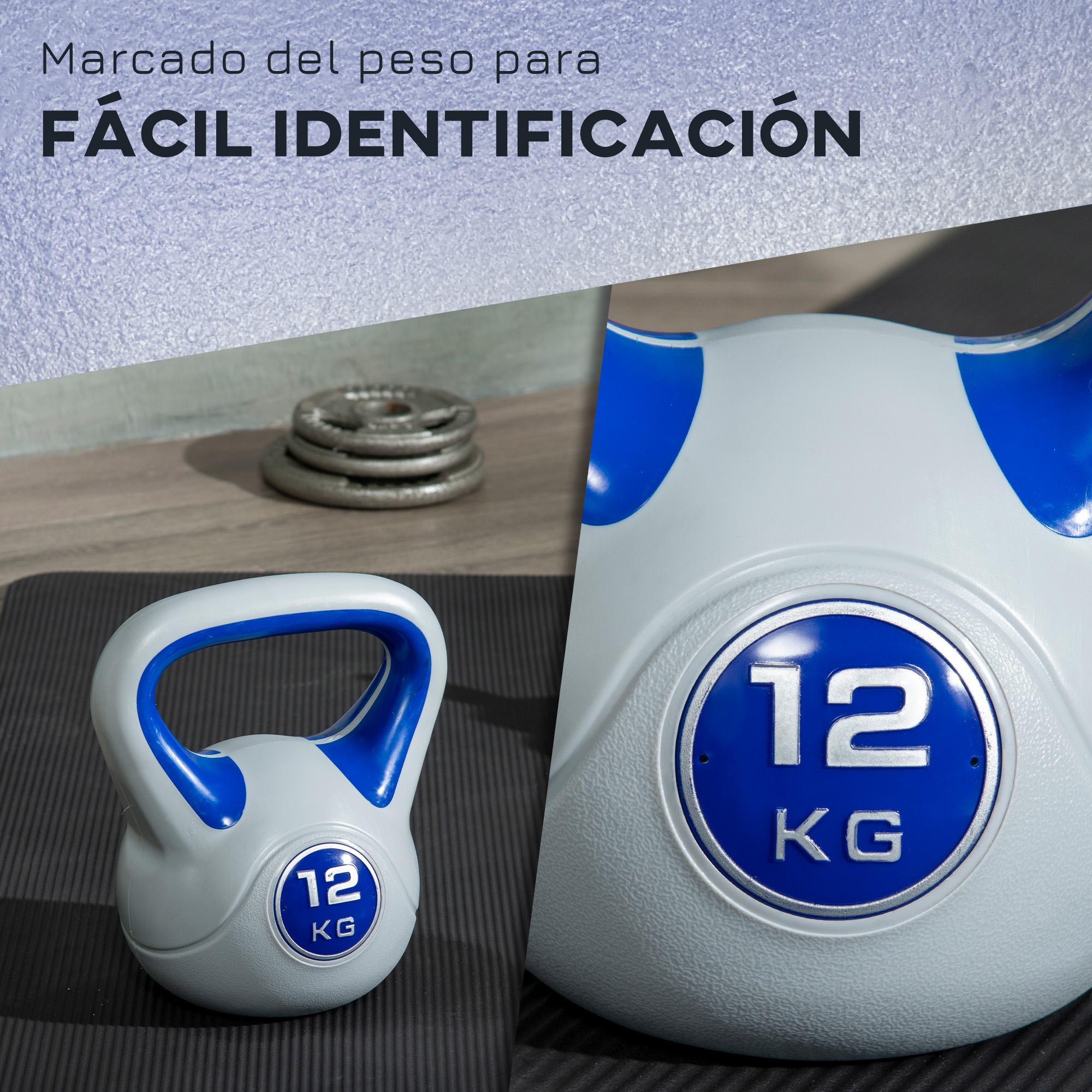 Pesa rusa con diseño blanco y azul, peso etiquetado 12 kg. Se ven otras pesas.