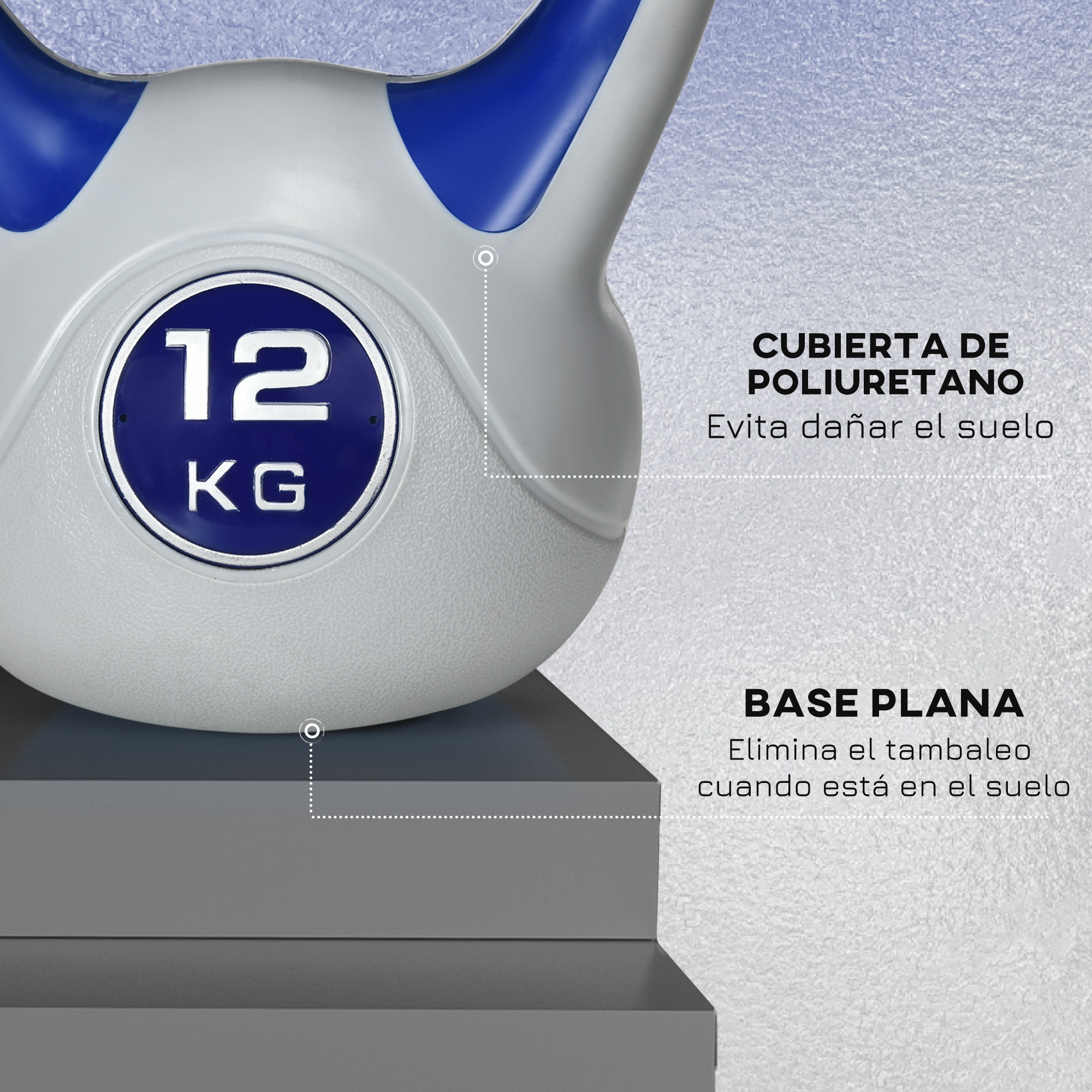 Una pesa rusa blanca y azul con 12 kg. El texto dice, "Cubierta de poliuretano" y "Base plana".