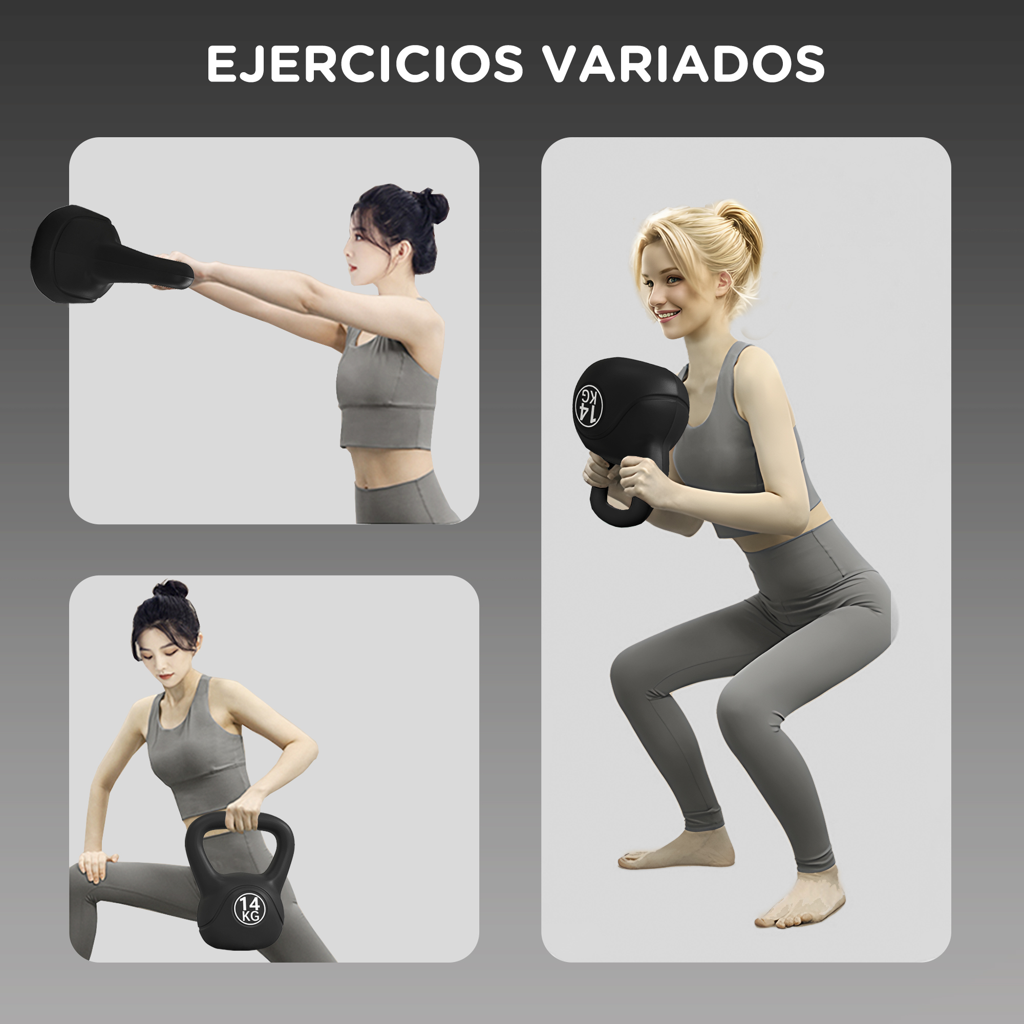 Tres imágenes de una mujer usando una pesa rusa para hacer ejercicio de diferentes maneras.