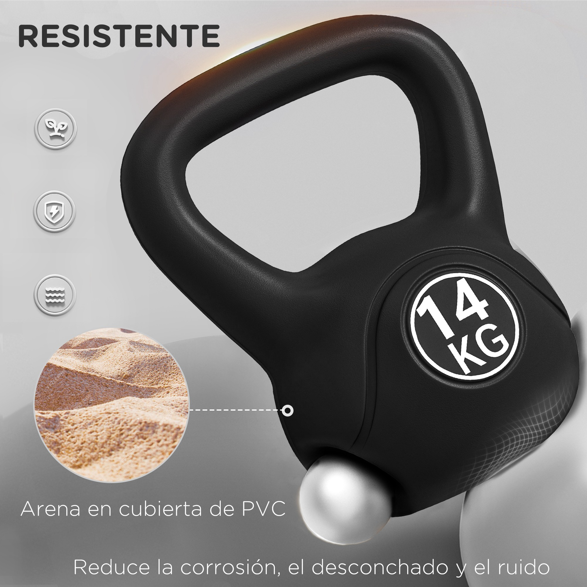 Kettlebell negra con etiqueta de 14 KG. Cubierta de PVC rellena de arena. Asa negra, bola plateada. Fondo blanco.
