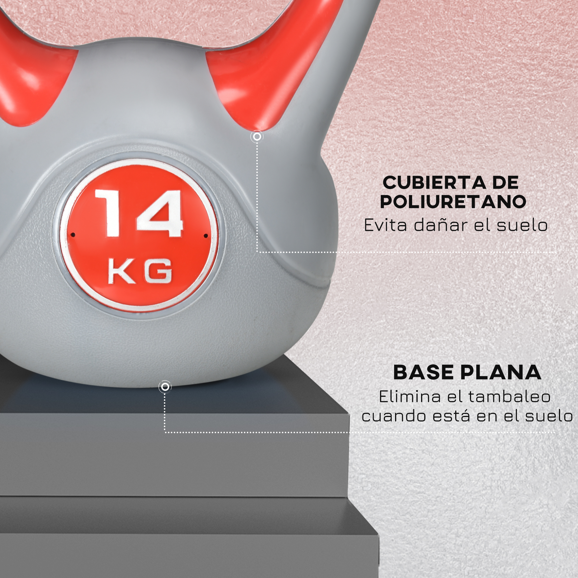 Kettlebell gris y rojo. Tiene un asa roja y una etiqueta que indica 14 KG.