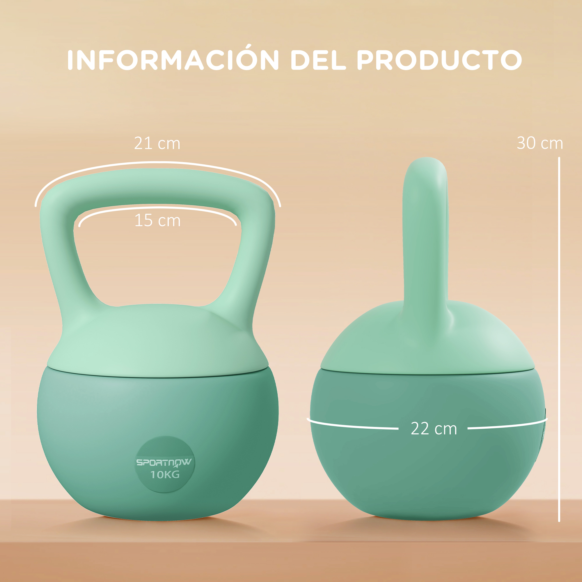 Kettlebells verdes y azules con información de tamaño, fondo blanco.