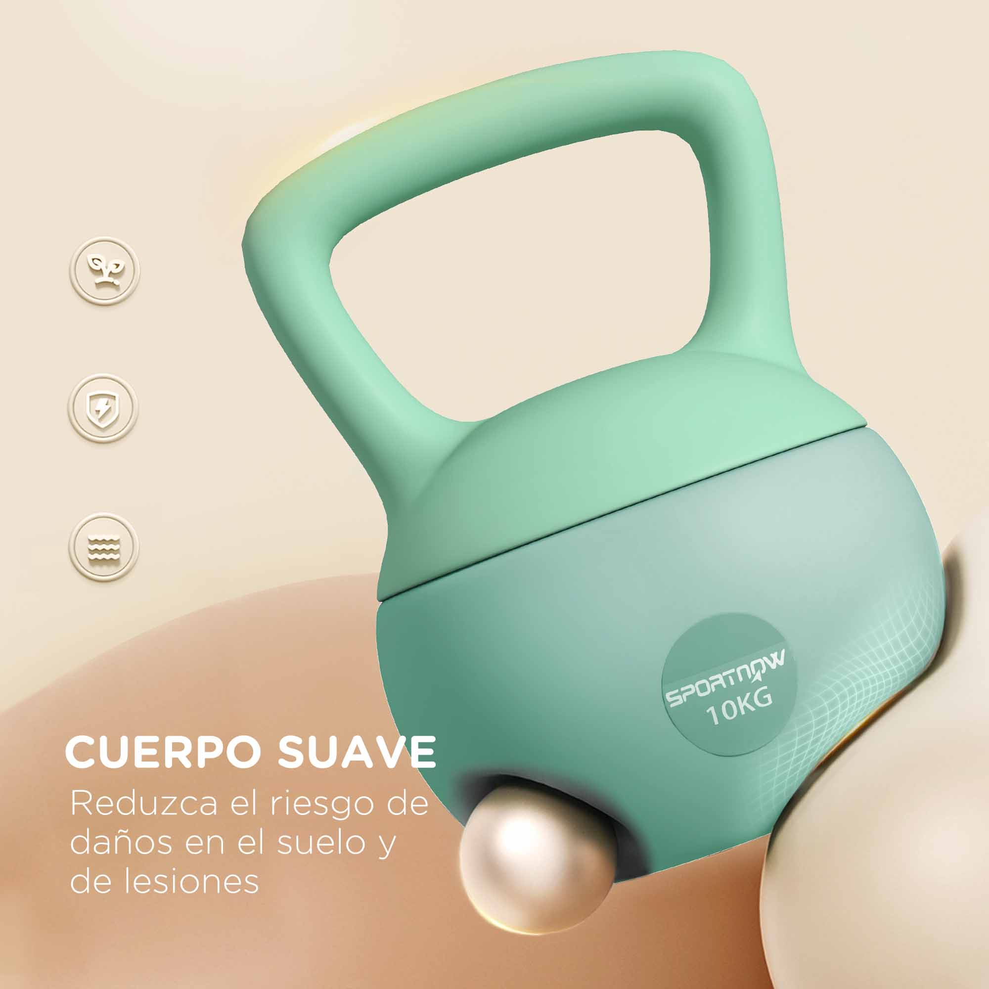 Una pesa rusa verde y gris con el texto "SPORTNOW 10KG". Tiene una base en forma de bola.