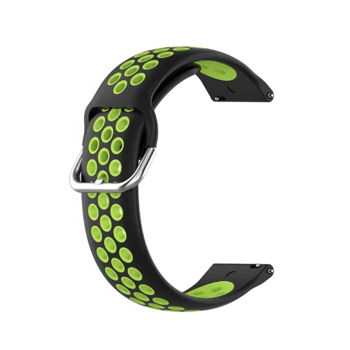 Schwarzes und grünes Uhrenarmband mit kreisförmigen Löchern.