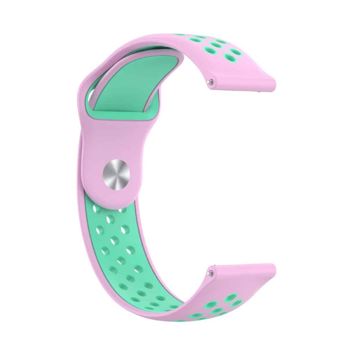 Rosa und grünes Armband, C-förmig. Verfügt über einen Metallverschluss in der Mitte zur Befestigung.