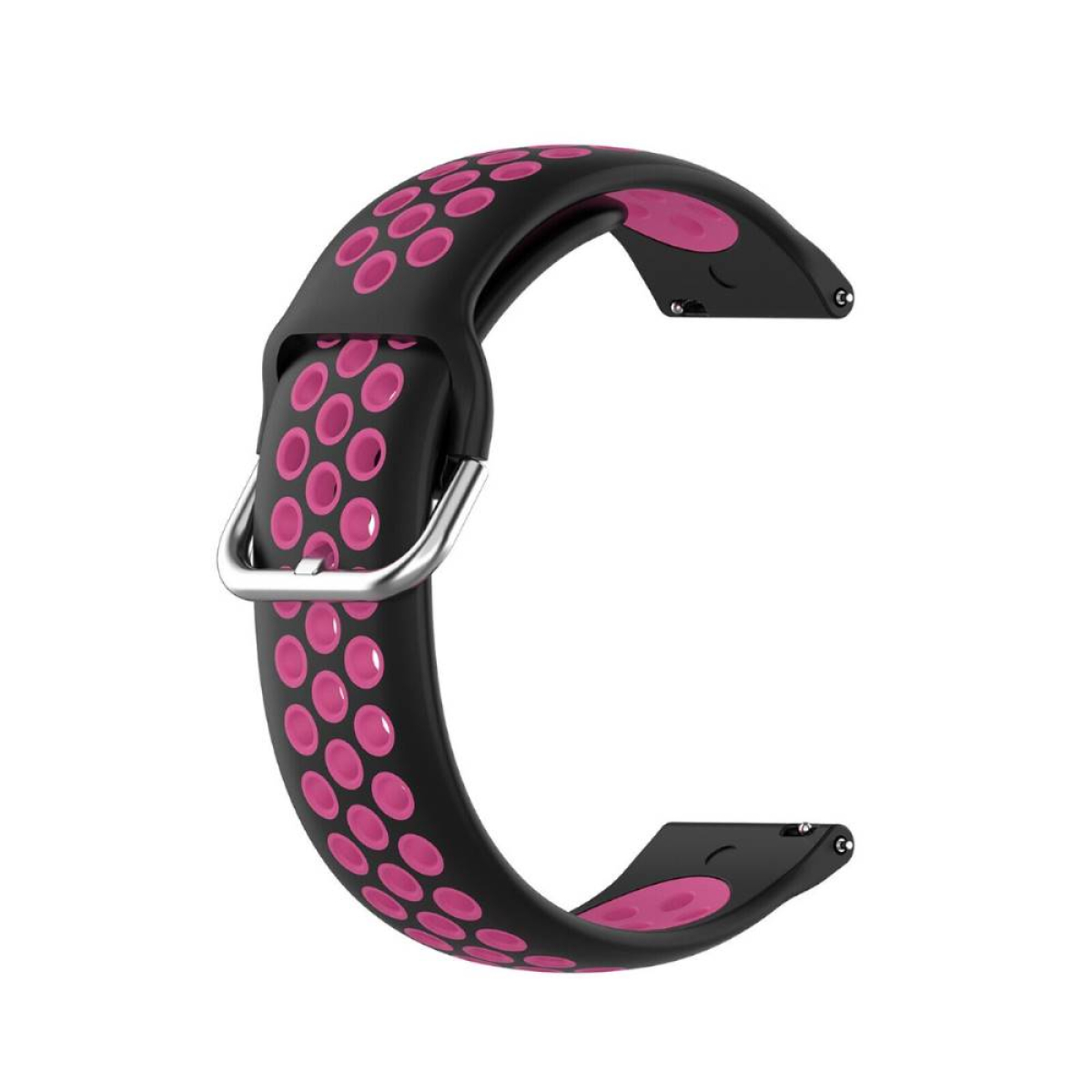 Schwarzes Uhrenarmband mit rosa Punkten. Es hat eine silberne Schnalle und ein gebogenes Design.
