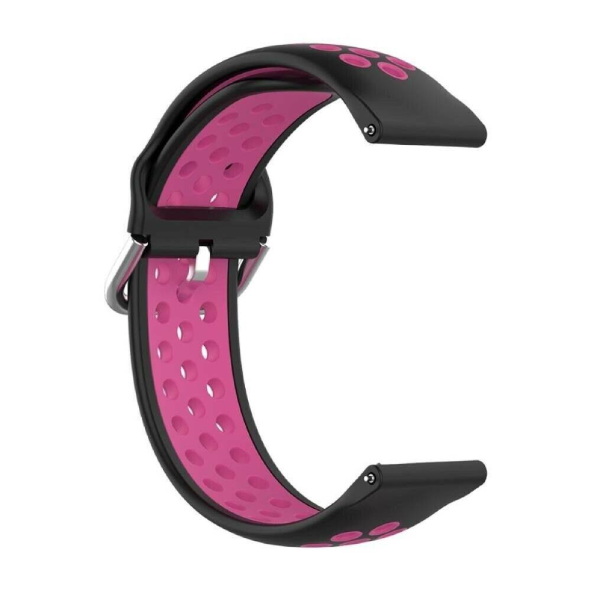 Schwarzes Uhrenarmband mit pinker Innenseite und silberner Schnalle. Pinkes Kreismuster.