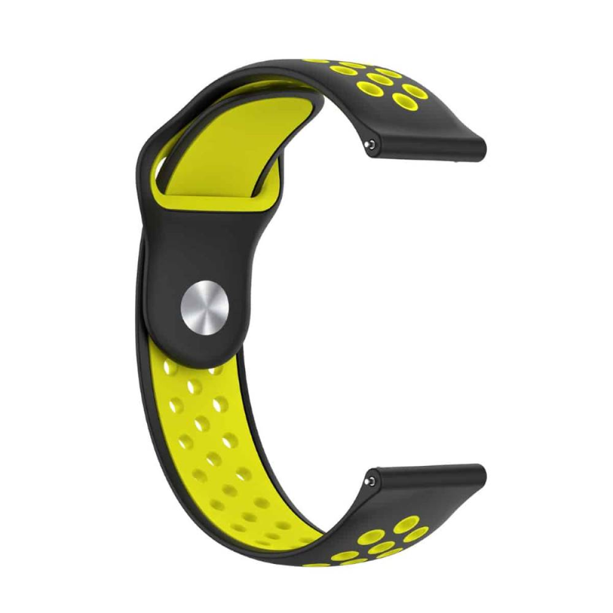 Ein schwarz-gelbes Uhrenarmband mit sportlichem Design, isoliert auf Weiß.
