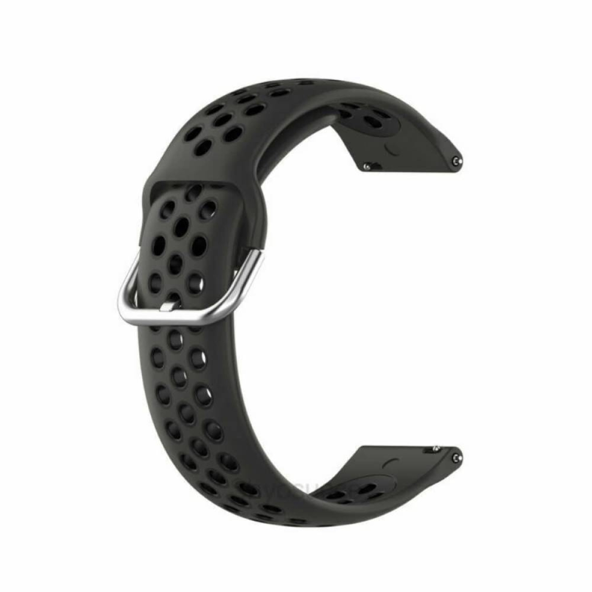 Schwarzes Armband mit Löchern und einer silbernen Schnalle.
