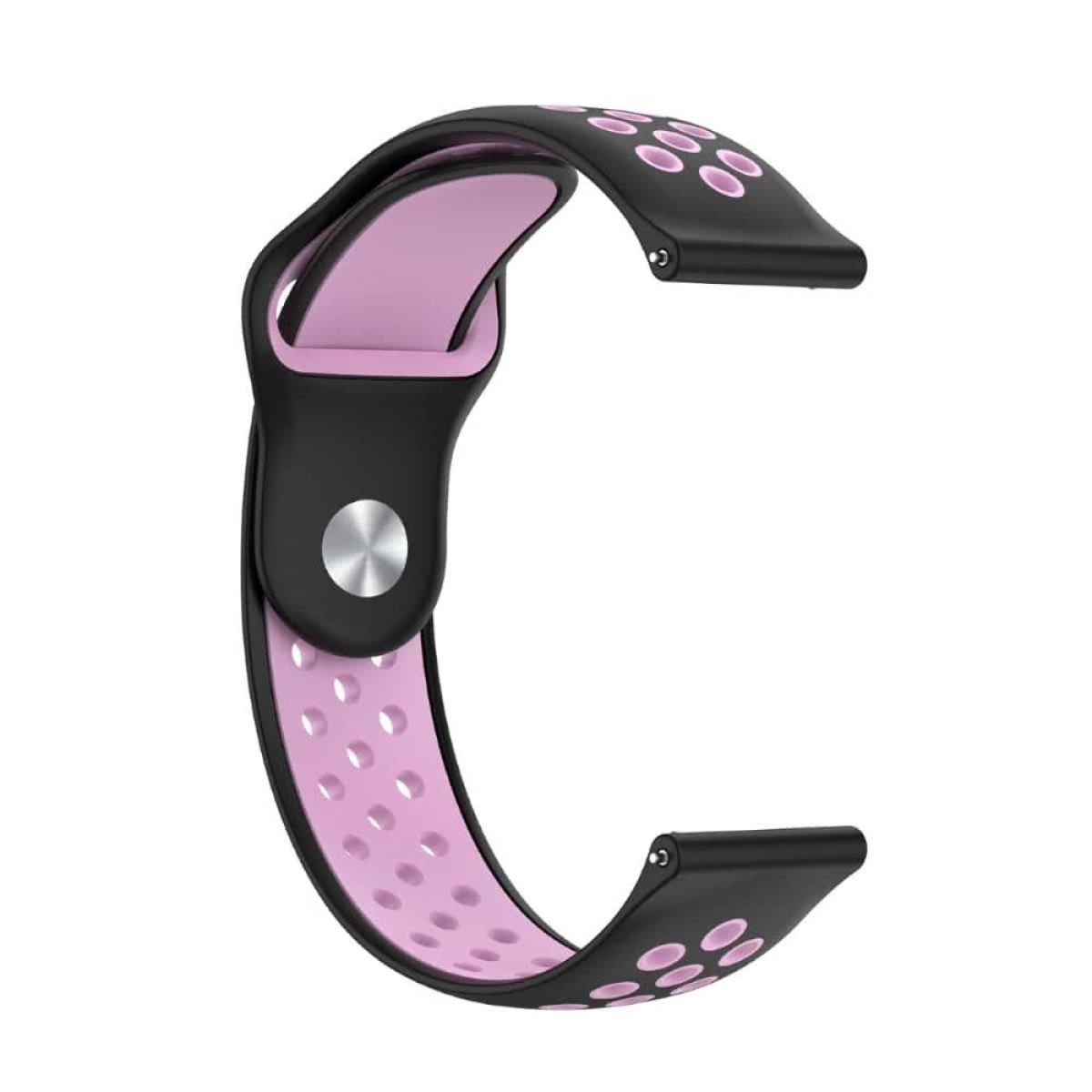 Ein schwarzes Uhrenarmband mit rosa Perforationen, isoliert vor weißem Hintergrund.