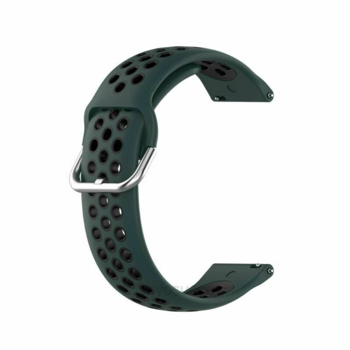 Grünes Uhrenarmband mit schwarzer Innenschicht und Perforationen. Schnalle und Ösen sind sichtbar.