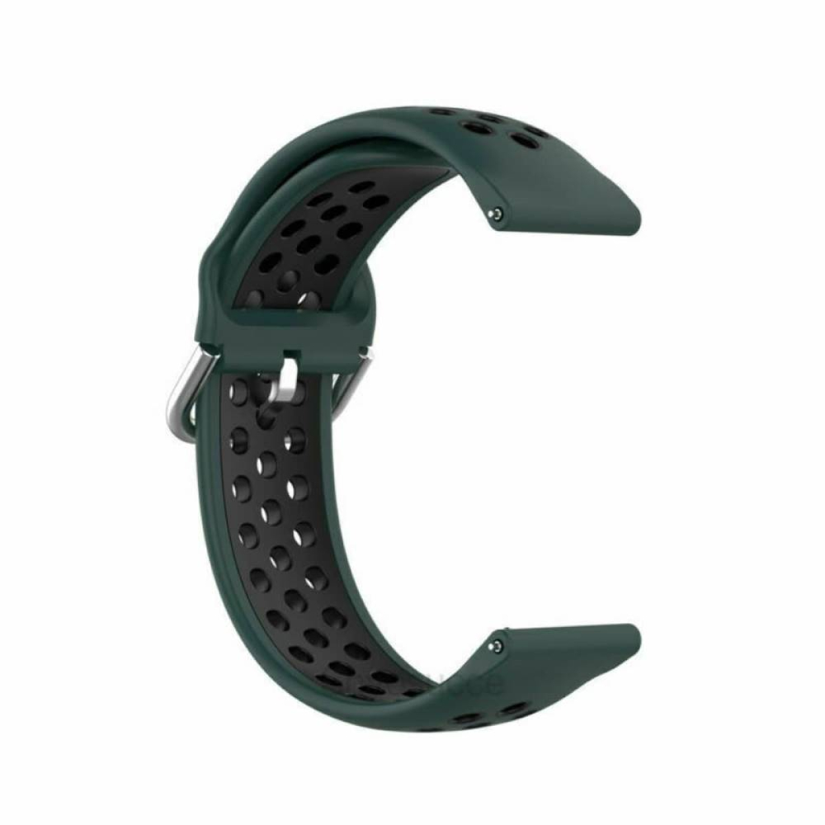 Grünes Uhrenarmband mit schwarzer Innenschicht und Perforationen. Schnalle und Ösen sind sichtbar.