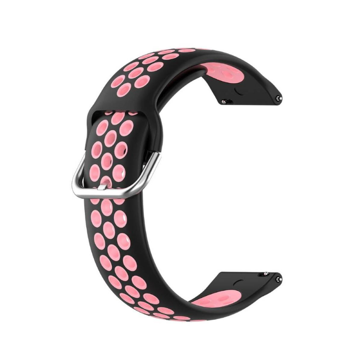 Schwarzes Smartwatch-Armband mit rosa Tupfen. Es hat eine Silberschnalle und befindet sich auf weißem Hintergrund.