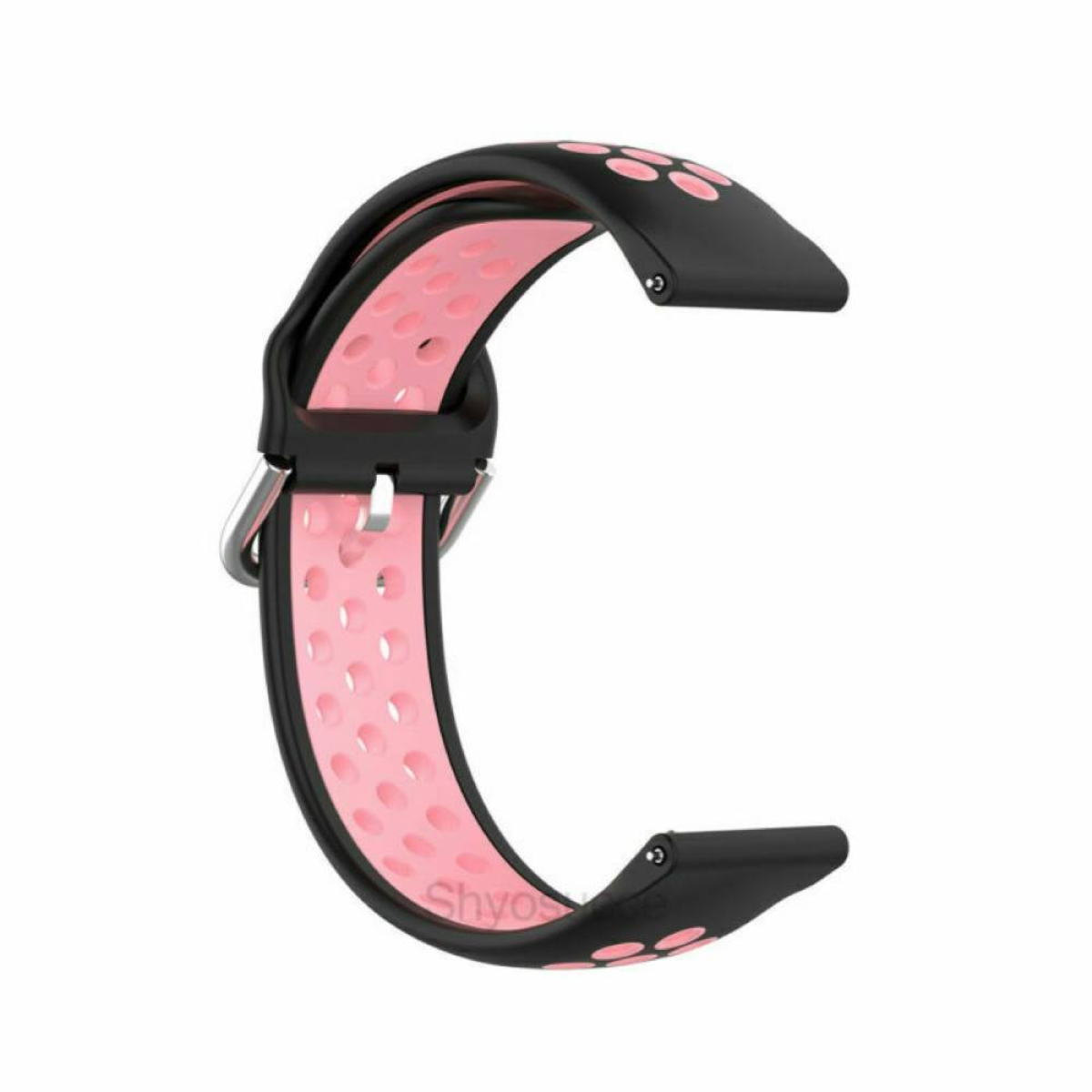 Schwarzes und rosa Uhrenarmband in C-Form. Das Armband hat eine schwarze Außenseite und eine rosa Innenseite.