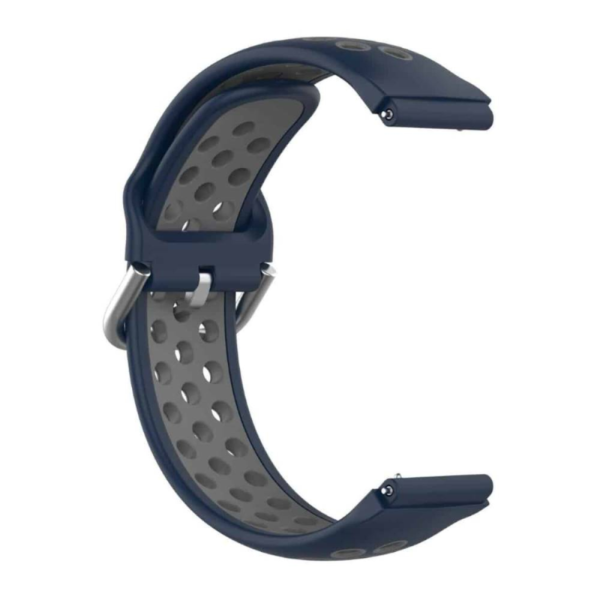 Ein marineblaues und graues Uhrenarmband mit einzigartigem Design und Metallverschluss.